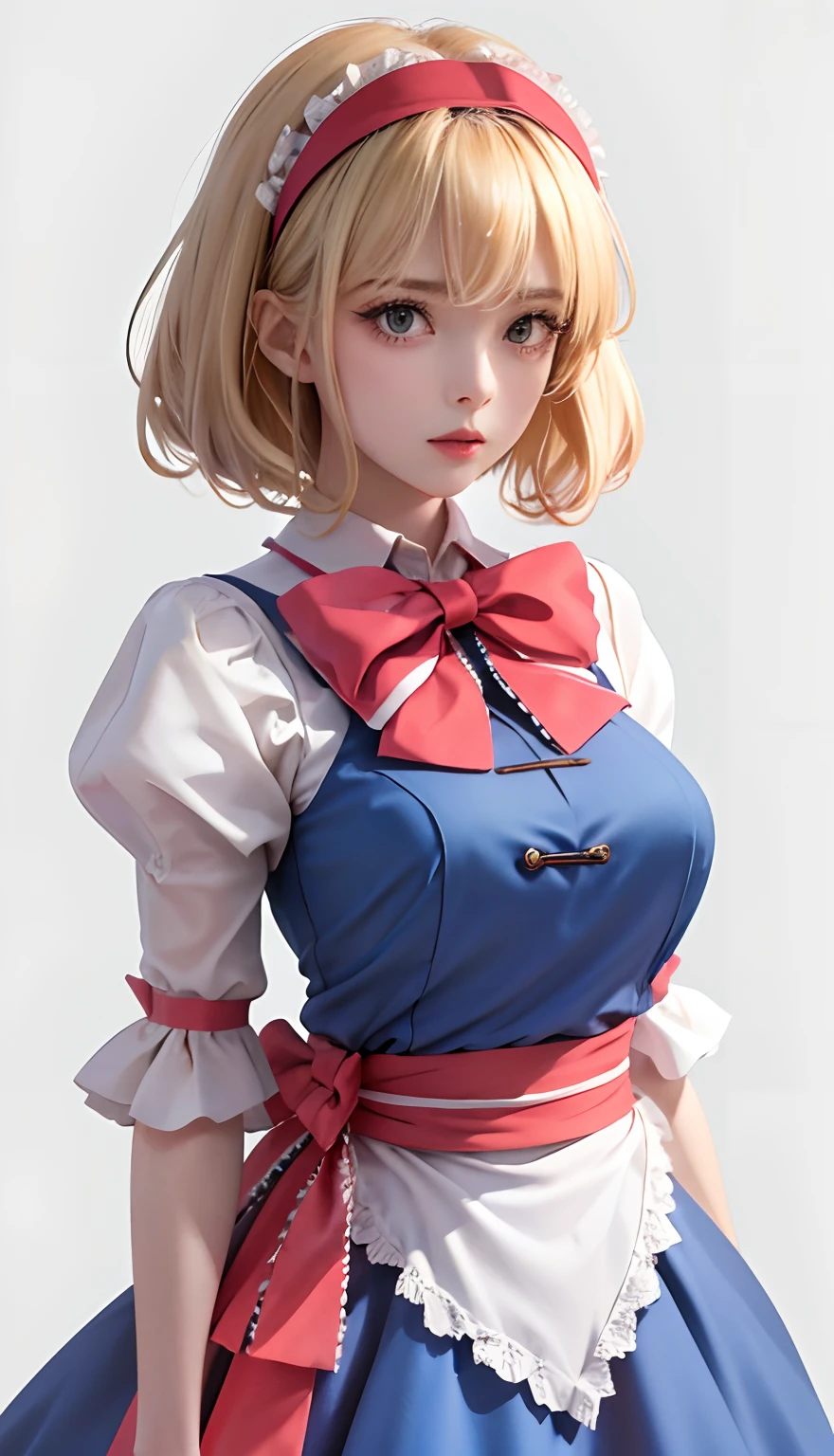 (8K), Sharp Focus, hight resolution, 1girl in, Alice, Upper body, Alice Def, Blonde hair, (sash, Bow, Hair Band), huge-breasted, Dress, (High quality:1.2), (high detailing:1.2), (masutepiece:1.2), (Extremely detailed:1.2),