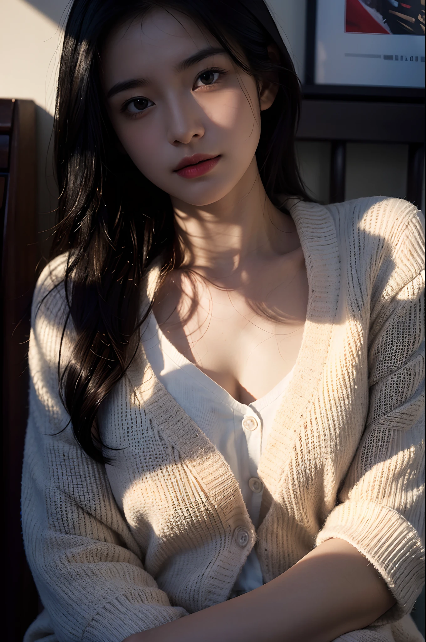 masterpiece, bestquality, ultra-high resolution (Realism: 1.4), Original photo, 35mm lens., F1 aperture.4, Movie Poster, light and shadow, a girl, In White Cardigan, Long black hair, real skin, (skin details: 1.3),