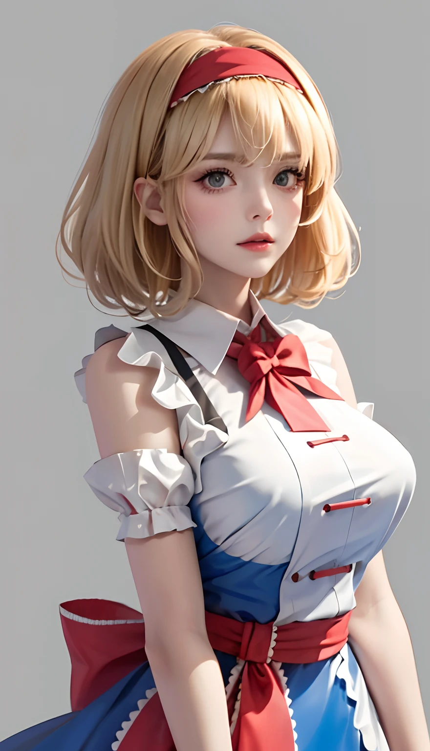 (8K), Sharp Focus, hight resolution, 1girl in, Alice, Upper body, Alice Def, Blonde hair, (sash, Bow, Hair Band), huge-breasted, Dress, (High quality:1.2), (high detailing:1.2), (masutepiece:1.2), (Extremely detailed:1.2),