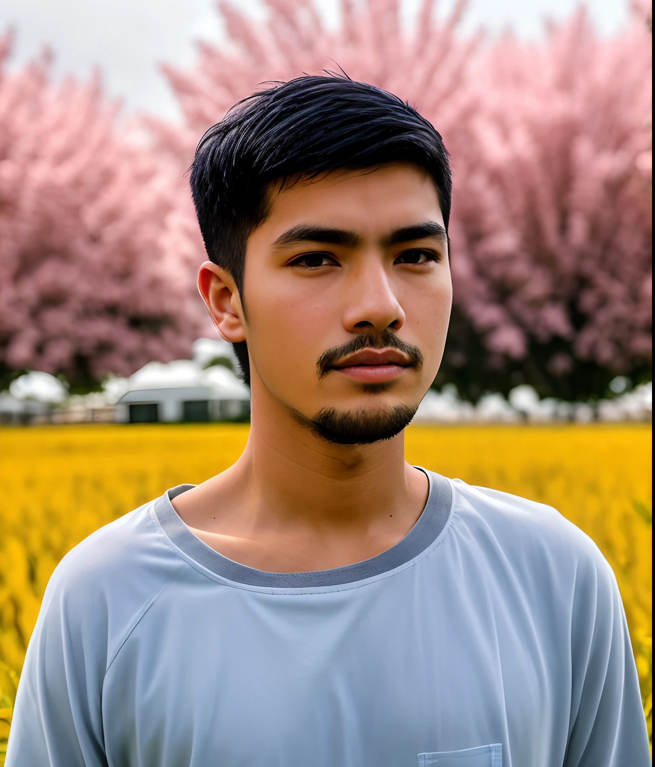 there is a man standing in a field with a pink shirt, with accurate face, face picture, very clear picture, potrait, assamese, very clear image, black hair, very high quality picture, ayan nag, without helmet, with kind face, around 1 9 years old, shot on nikon z9, facebook profile picture, face photo, portait photo profile picture, ultra 8k HD