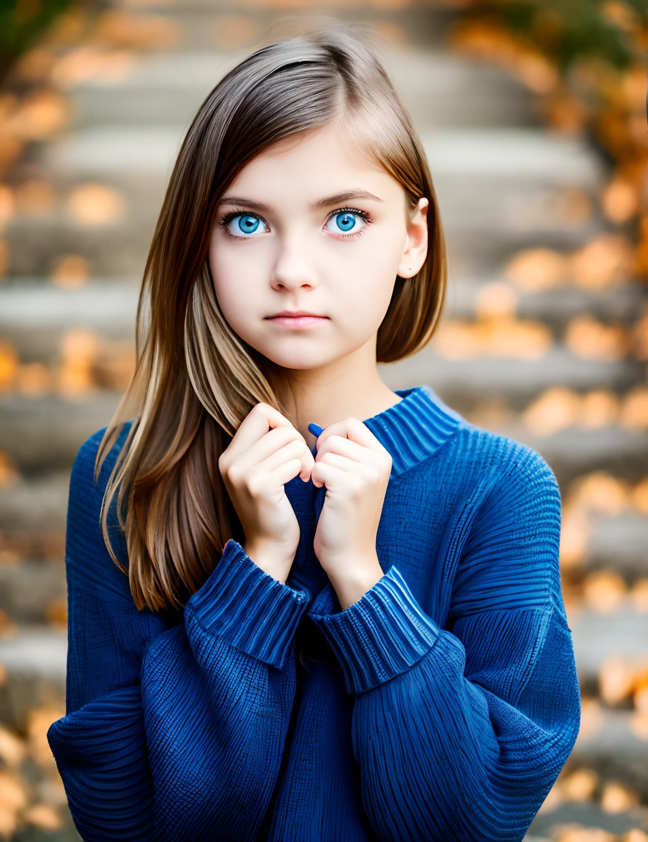 girl with dark blue big eyes, dark blond hair with a warm white sweater, short white skirt, shy look and sad eyebrows