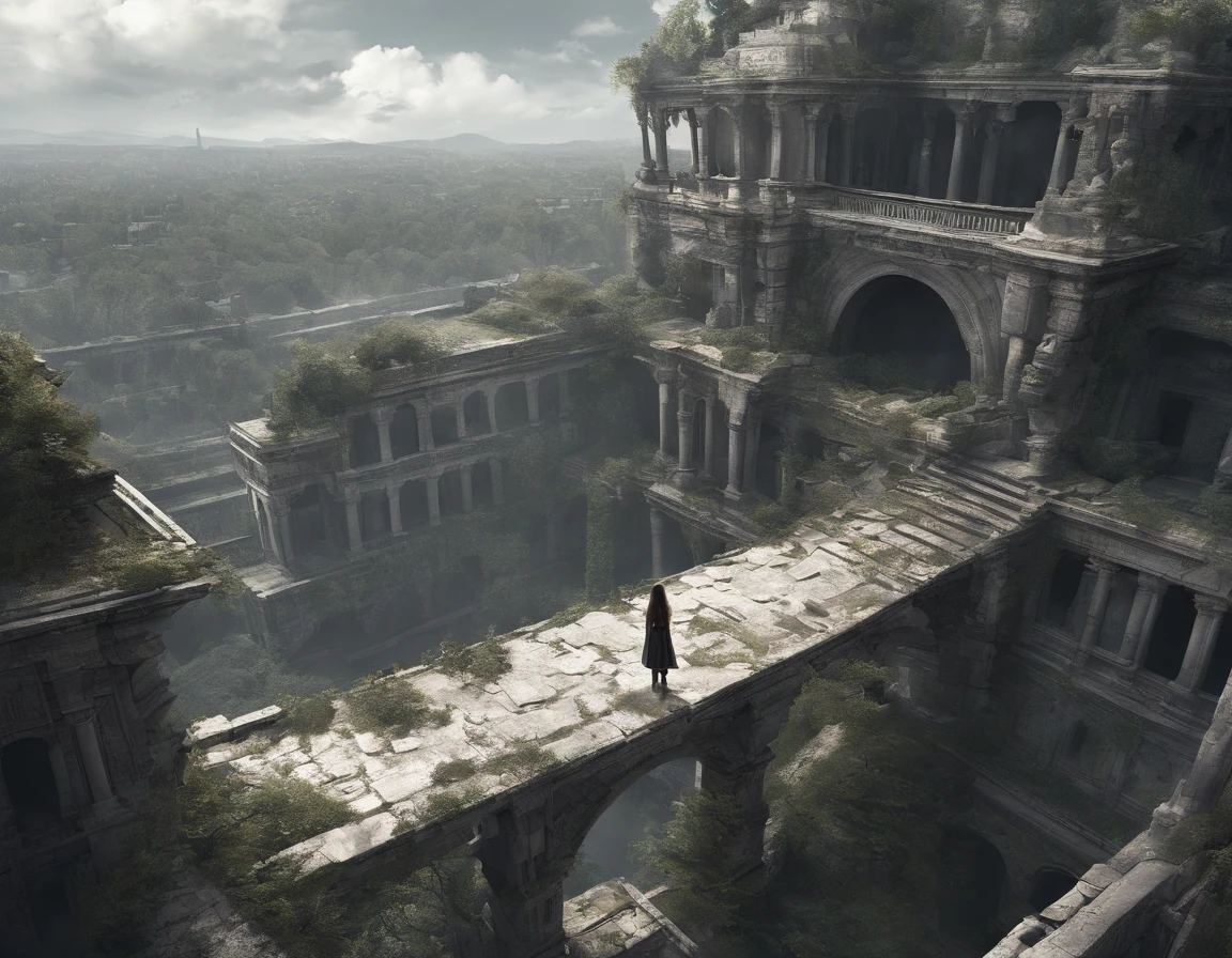 Floating decaying ruins, cities and land in the sky, A place where a prosperous city was once formed, But buildings made of stone and wood have decayed,The vitality of plants and trees is the main thing. Collapsed and collapsed buildings, Collapsed roofs, Ancient ruins, 1 little girl with white hair crouching looking for food, The back of 1 brunette girl standing,Artificial fountains, Top view from a distance:2, From the perspective of the sky:1.7, fantasy world,