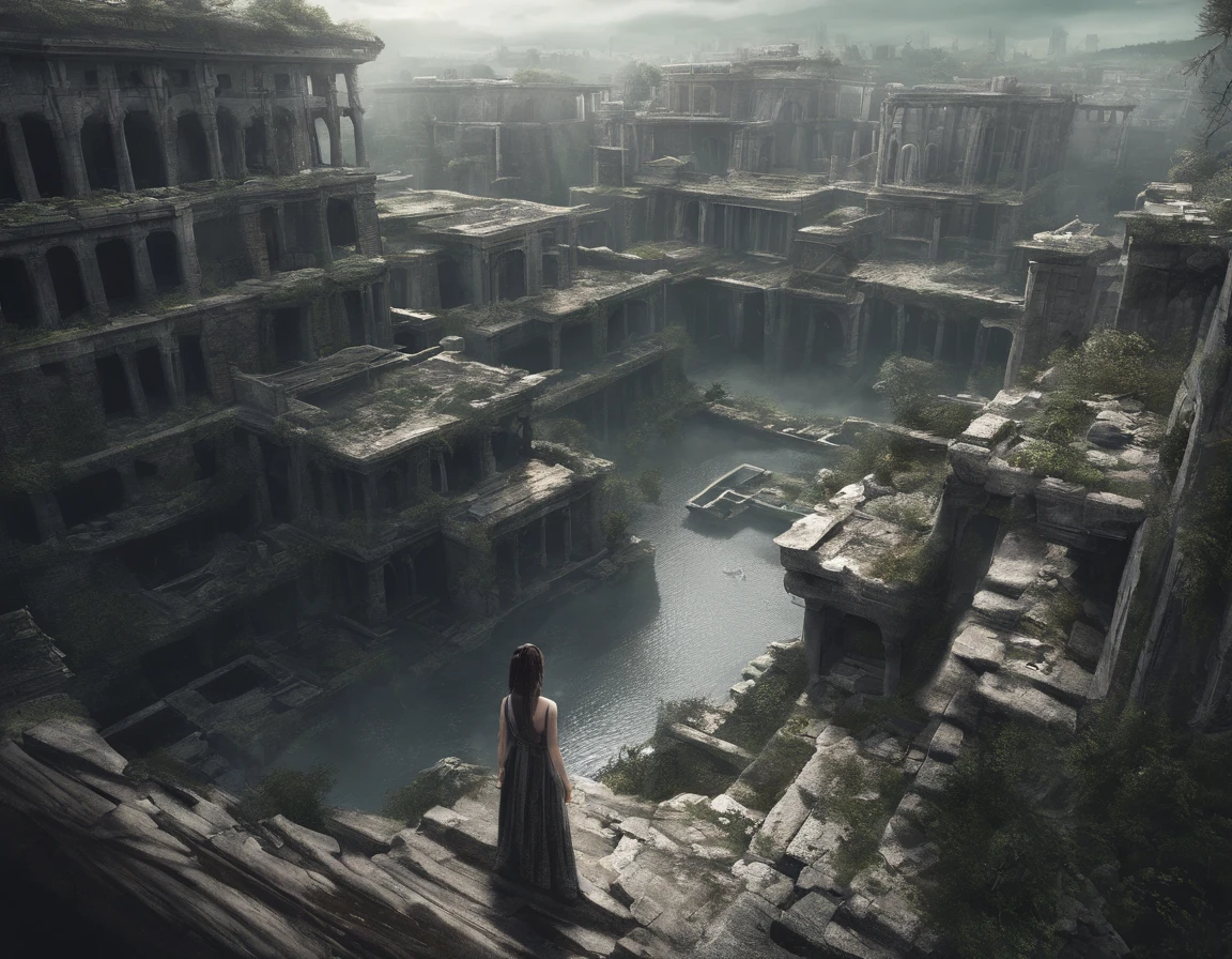 Floating decaying ruins, cities and land in the sky, A place where a prosperous city was once formed, But buildings made of stone and wood have decayed,The vitality of plants and trees is the main thing. Collapsed and collapsed buildings, Collapsed roofs, Ancient ruins, 1 little girl with white hair crouching looking for food, The back of 1 brunette girl standing,Artificial fountains, Top view from a distance:2, From the perspective of the sky:1.7, fantasy world,