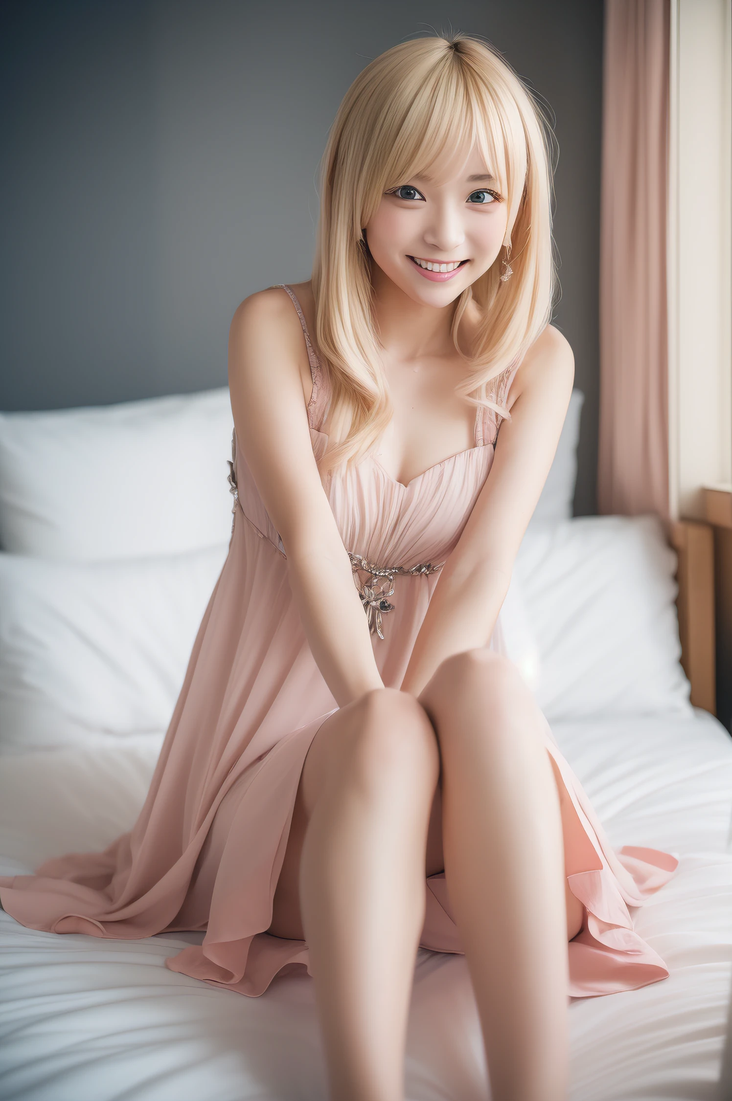 anime girl laying in bed with her legs crossed, Seductive Anime Girl, Ecchi, Anime Best Girl, Ecchi anime style, charming anime girls, Posing in bed, (Anime Girl), in dress, On my bed, Sitting on the bed, beautiful alluring anime teenime Girl, sitting on a bed, Rei Hiroe, ((Best Quality, 8K, masutepiece :1.3)), 1girl in, Smiling, (Full body), Slim Face, Pretty Woman, (Blonde hair), full length dress :1.1, Ultra-detailed face, Detailed eyes, 二重まぶた, blur backgroun, city,Fashion, Beautiful light ,Night, Gothic lolita, dress