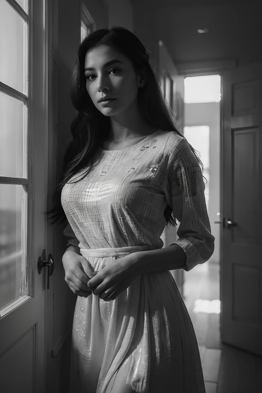 woman stands in doorway, leaving, ((black and white photo, bw portrait,(high contrast))), (deep, darkest shadows, 35mm), contrast((taken using kodak trix film,tmax b/w negative film, ilford b/w film 400:1.2)), realistic skin, (she is tattooed), (she's wearing long dark dress, high fashion, ( layers of clothes) , most beautiful woman, (her hair is styled:1.2), she glistens with natural light glow, radiant skin , light hair, (summer sun accents her entire body), modestly, charming), a stunning woman, (relaxed , composed, )), (hyper-detailed dress texture, shirt pattern, fabric, (architecture backlit)), (highest quality fabric texture: 1.2), film noir scene with accent highlights, shadows, film quality, b/w film, ilford film style, cinematic, moody image, atmospheric air, (ultra-realistic ,soft accent light, gorgeous ???? style lighting, (stunning facial lighting)), (highest quality fabric texture), fabrics, High-realism hair and skin, (ultra-realistic eyes: eyelashes, pupils, sparkle), stylish elegance, grey scale, Finely detailed,(Fine-grained), (highest detail skin texture peach-fuzz earlobe realistic,) ○○ res – ultra high high resolution , very high texture (film negative grain highlights resolution), Photorealistic hands and fingers – (photorealistic beautiful 4k) , 8K,extreme detail, close and intimate, close-up, Her perfectly framed, vivian myers film, a work of art, beautiful composition, solo woman, (highest quality fabric texture), light hair, every detail,Fine facial features, Masterpiece – (Highest Quality) ,Leica film, High quality ○○ detailed – ○○ details ultra detailed(Ultra-fine ), Photorealistic, Extremely detailed(Extremely detailed) , Finely detailed, (highest detail image, lens flare, realistic)○○ res – ○○ resolution ultra high res(A high resolution), intimate and relaxed