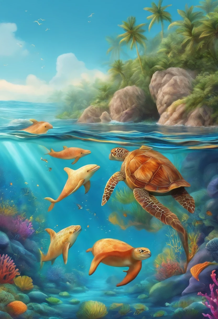 The background of the illustration is a wide and bright ocean,Sunlight shines through the crystal clear waters,Dye the sea surface a warm and bright blue。There is a beautiful area of coral reefs in the sea,Corals are colorful and diverse,It emits a colorful glow。
In this ocean,There are several cute marine animals swimming around。The first is a sea turtle swimming in the sea,Its appearance takes on a turquoise shell,Swimming leisurely,There are also some small fish around it。
Ademais,There is also a lively and cute dolphin,It jumps out of the water,Show a beautiful arc,And leave a splash in the air。The dolphin appears grayish white throughout,The eyes are bright and intelligent,Very charming。
Enfim,There is also a small seahorse,It is petite,It shows a red and yellow speckled pattern。Little seahorses sway leisurely among the water grass,It gives a lovely and peaceful feeling。
The whole illustration is full of warmth and energy,Marine animals swim freely in the bright underwater world,It gives a peaceful and nice feeling。