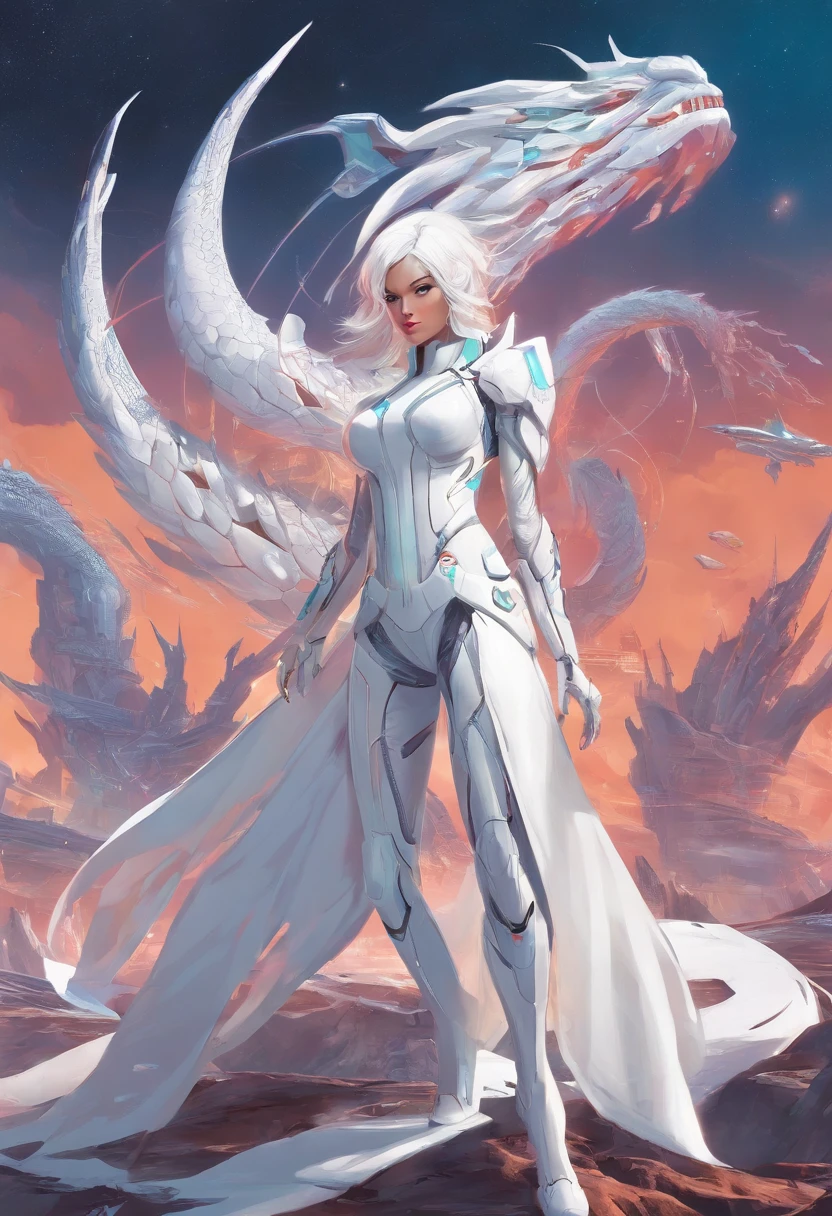 one-girl,White clothes,White hair,Huge dragons,Large breasts,cleavage,White dragon