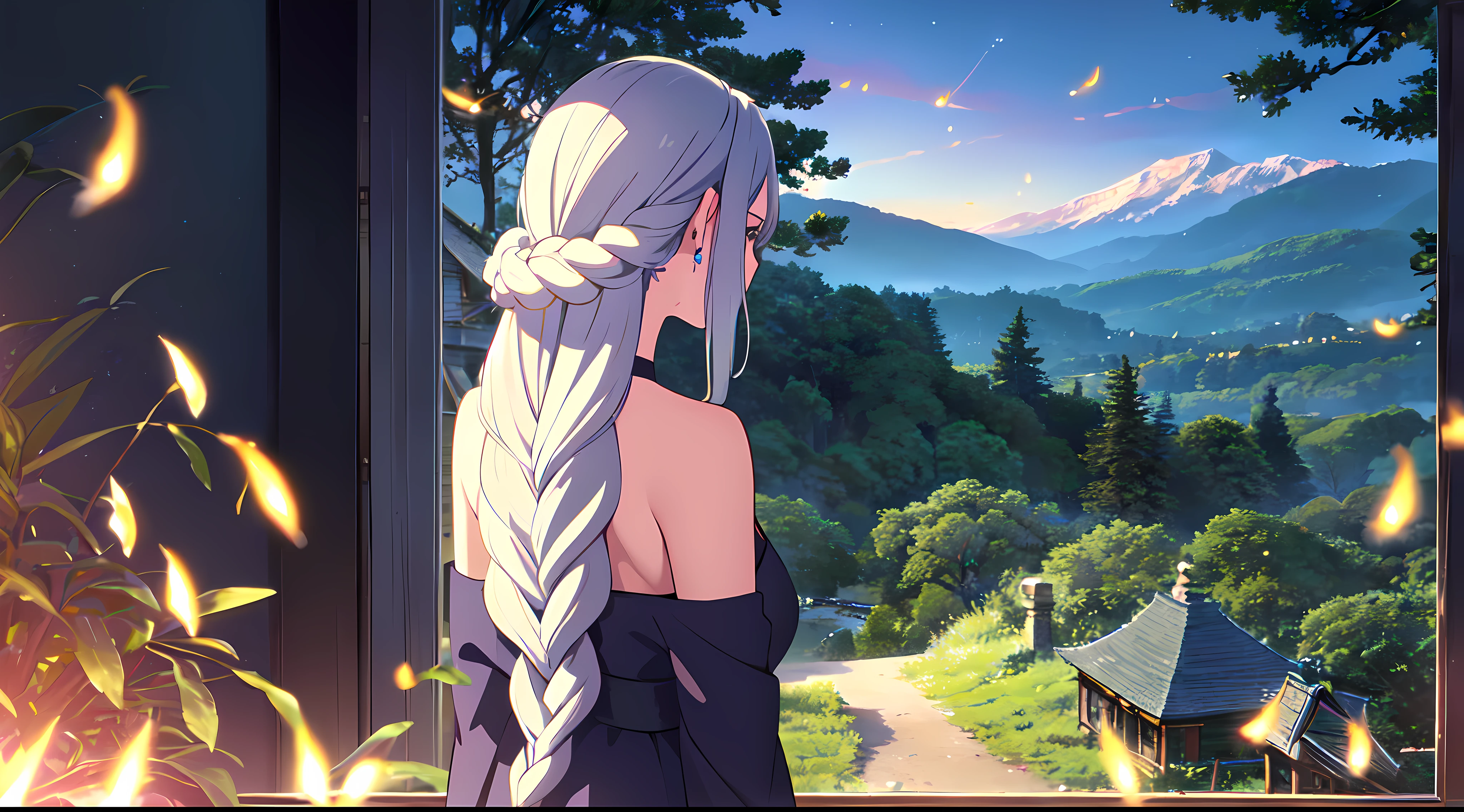masterpiece, best quality, 1lady, solo, very long white hair, blowing hair, (flower hair ornament), (braided hair), earrings, behind view, back view, close up, night, fireflies, tree, mountain, scenery, dark, off shoulder blue dress