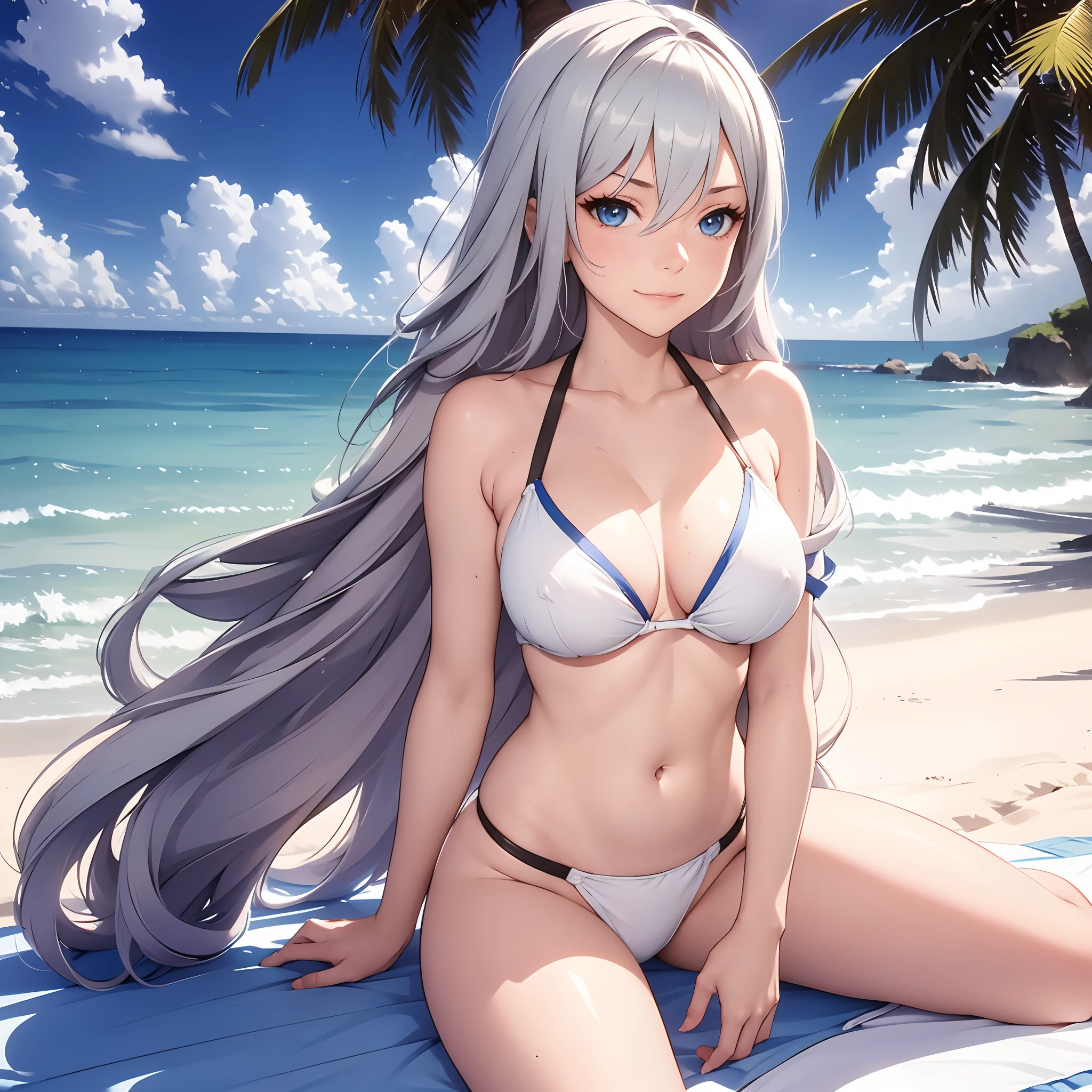 Masterpiece, best quality, highres, highly detailed, 1 girl, long hair, silver hair, light blue eyes, large breast, white bikini, white panties, she wet, nipple perked out from under bra, outdoor, beach background, sitting on sand, looking at viewers