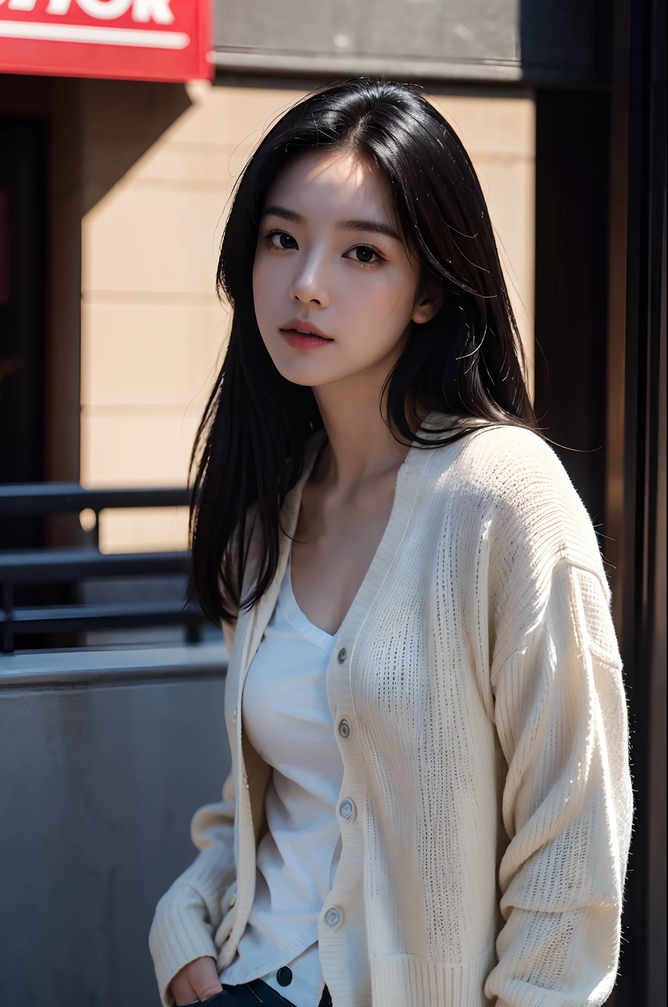 masterpiece, bestquality, ultra-high resolution (Realism: 1.4), Original photo, 35mm lens., F1 aperture.4, Movie Poster, light and shadow, a girl, In White Cardigan, Long black hair, real skin, (skin details: 1.3),