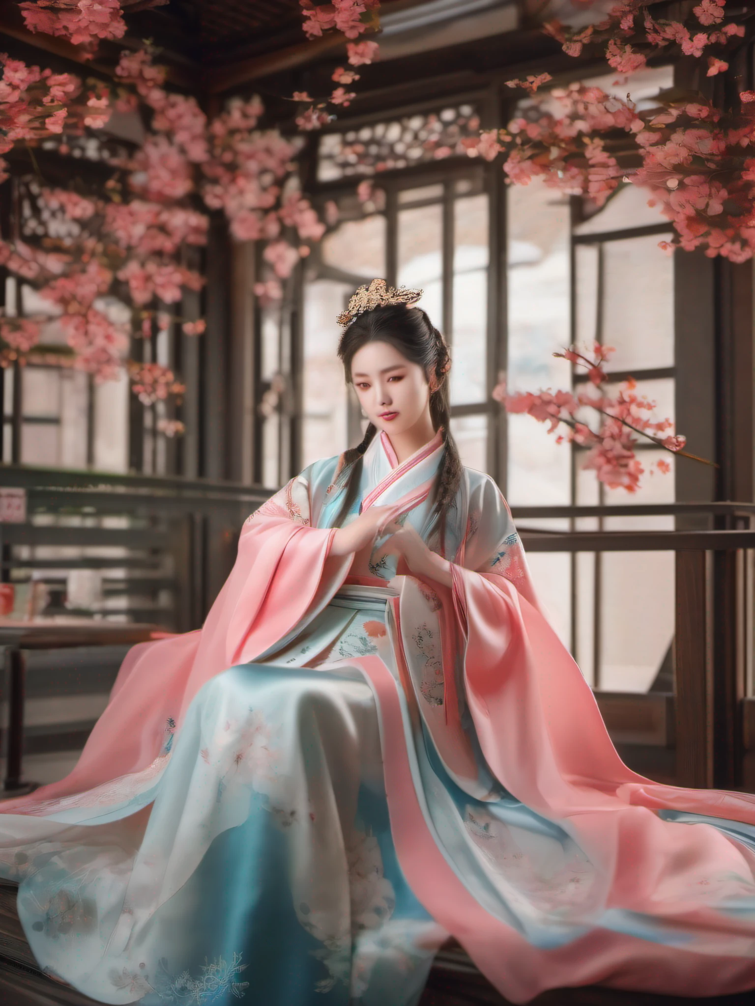 In the photo of the Victoria Art Station， Beautuful Women，ssmile，Show the beauty and charm of girls，Perfectly realistic details are highlighted, Show the beauty and delicacy of the female body，Masterpiece， Sophisticated CG special effects，dres... model: Hanfu, CFG scale: 7