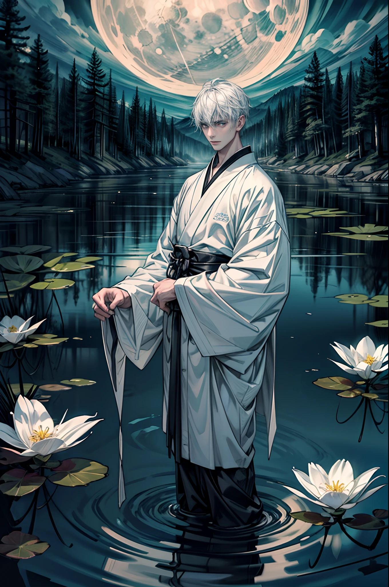 (Best quality,4K,8K,A high resolution,Masterpiece:1.2),Ultra-detailed,A man stands in the water of the Yellow Spring,Wearing a white kimono,morbid,terroral,darkly,Handsome man who died,Japanese dark scene,A fog that covers everything,deep in the night,Japanese traditional style,A thick black fog enveloped everything,Cluttered,disorderly,The atmosphere of death,Bleak white complexion,White skin,White skin,Black sky,There are a lot of bones in the water,Dirty and disgusting,There are a lot of bones in the water,Foggy,There were many corpses in the water,dead person,Endless dark steppe,White Moon,Many aquatic plants,Many white flowers,The picture is gray,Low contrast,low-saturation