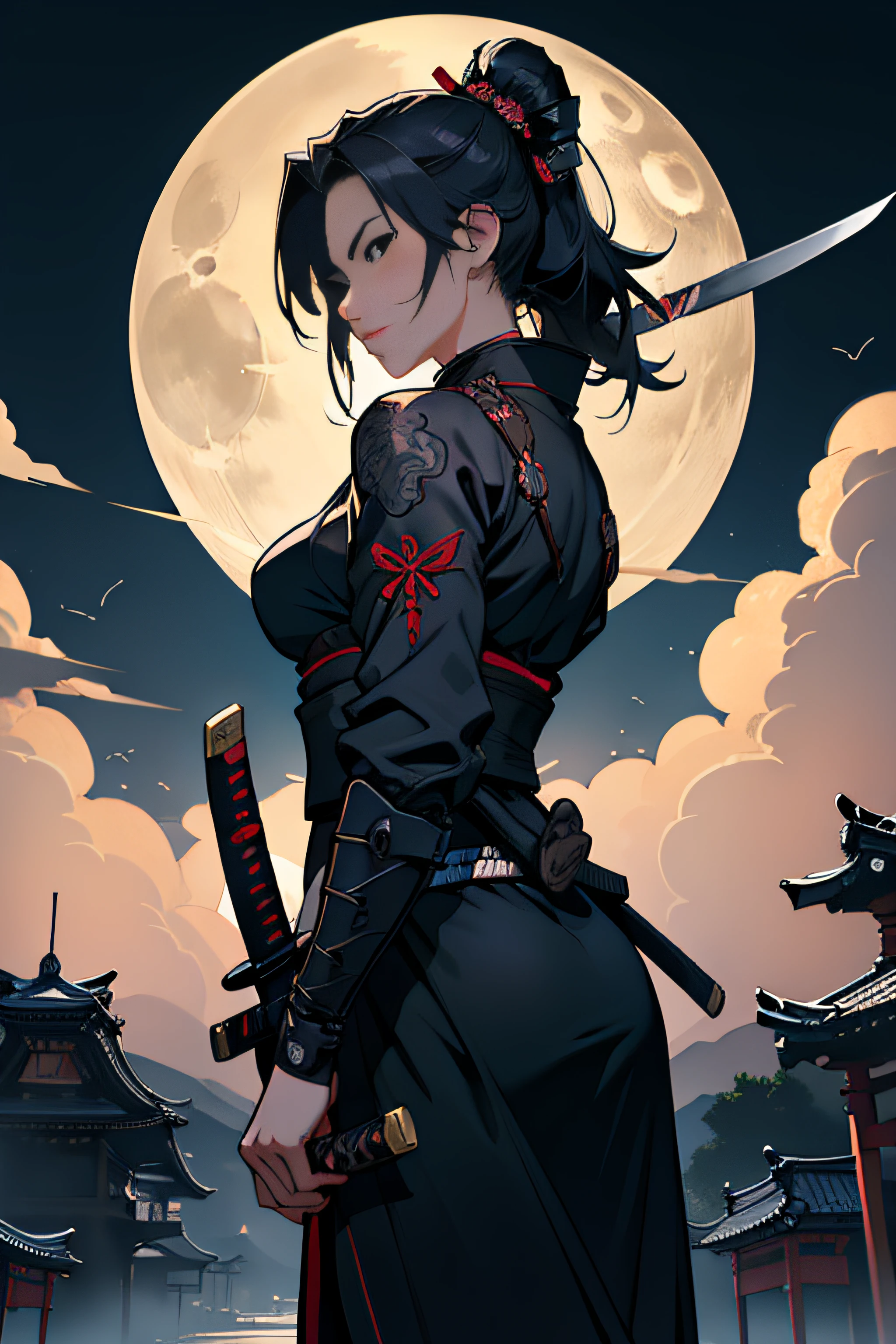 (Masterpiece, Best Quality), 8k Wallpaper, highly detailed, sexy female ronin, samurai, katana, japan, night, moonlight, vector style art, erotic, movie poster style, lettering.