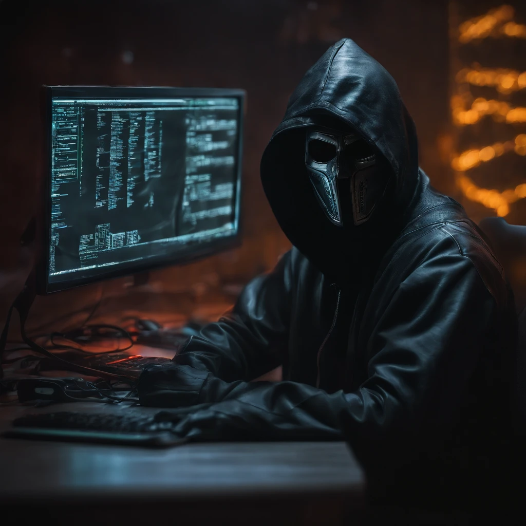 (best quality,4k,8k,Altas,master part:1.2),ultra-detalhado,(Realistic,fotorrealista,photo-realistic:1.37),arte sombria,darkweb,hacker malvado,anonymous mask,darkeness,obscuro,medium:oil painting,texturas arenosas,cyberpunk vibes,atmosfera mal-humorada,cybernetic enhancements,Shadows lurking,becos escuros,glowing neon lights,Computer codes,Claims numbers,Secret and mystery,subtle hints of danger,efeitos de falha digital,haunting presence,haunted by past actions,enveloped in darkness,jogos mentais,O estilo de arte deve ser uma mistura de elementos sombrios e surreais, focusing on capturing the essence of an evil hacker operating on the darkweb. The image should have a high level of detail and realism, portraying the character wearing an anonymous mask that hides his identity. The use of dark and dark elements will create an atmosphere of suspense and mystery. Lighting should be dim and moody, with shadows adding depth to the scene. A cena deve ser ambientada em um beco escuro, com luzes neon brilhantes adicionando um toque cyberpunk. The hacker must be surrounded by computer code, symbolizing your hacking experience. The art should also incorporate subtle failure effects, representando o mundo digital que eles navegam. Geral, The image should evoke a sense of danger and secrecy, with the viewer feeling the presence of the evil hacker lurking in the shadows.