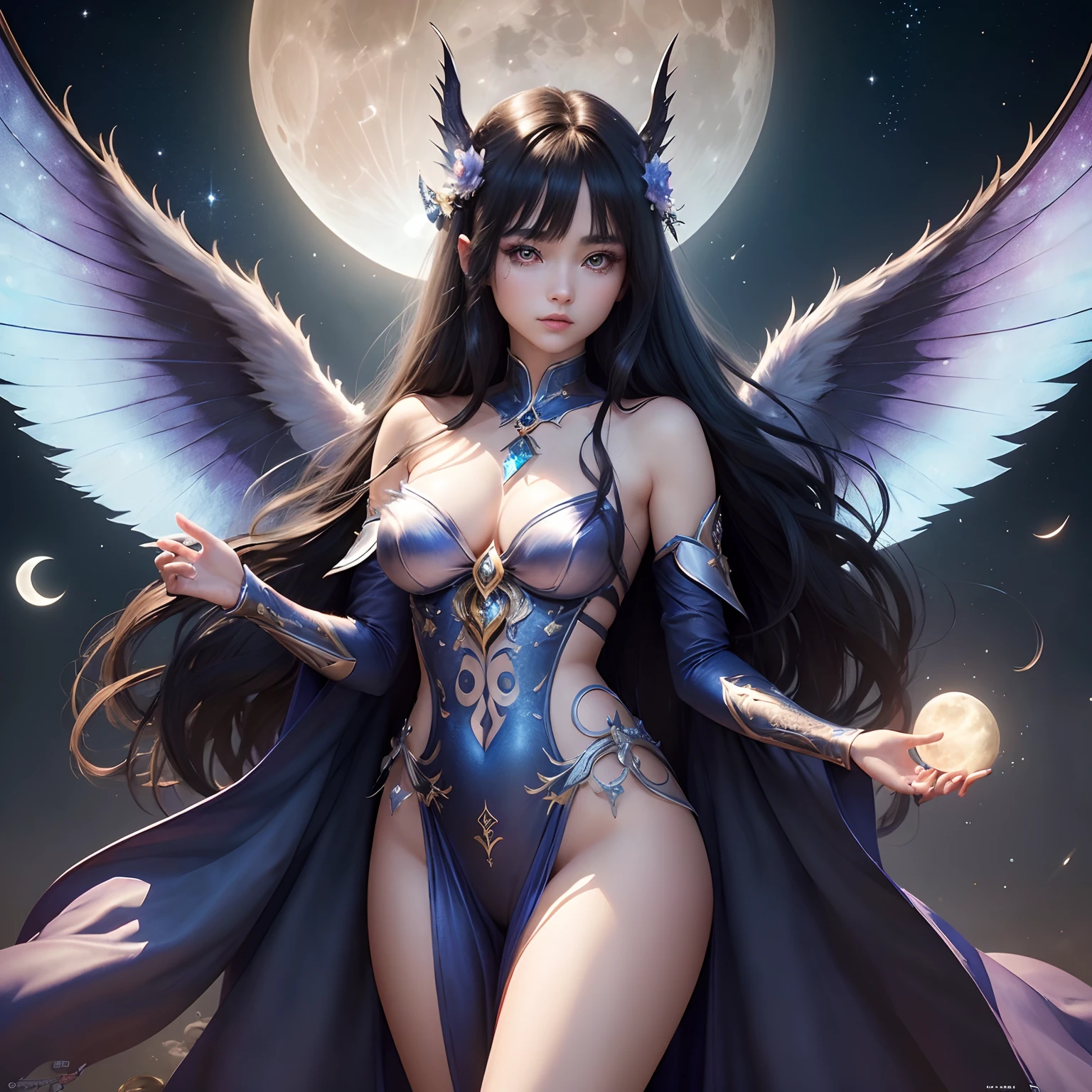 (Best Quality,Ultra-detailed,Realistic:1.37)、Moon Fairy、An 18-year-old woman、Personification of the moon、(Sharp eyes:1.5)、Bewitching look、Dark hair、Fairy with wings、(Costumes with moon motifs、Emphasis on the characteristics of the Moon)、natta、Full body