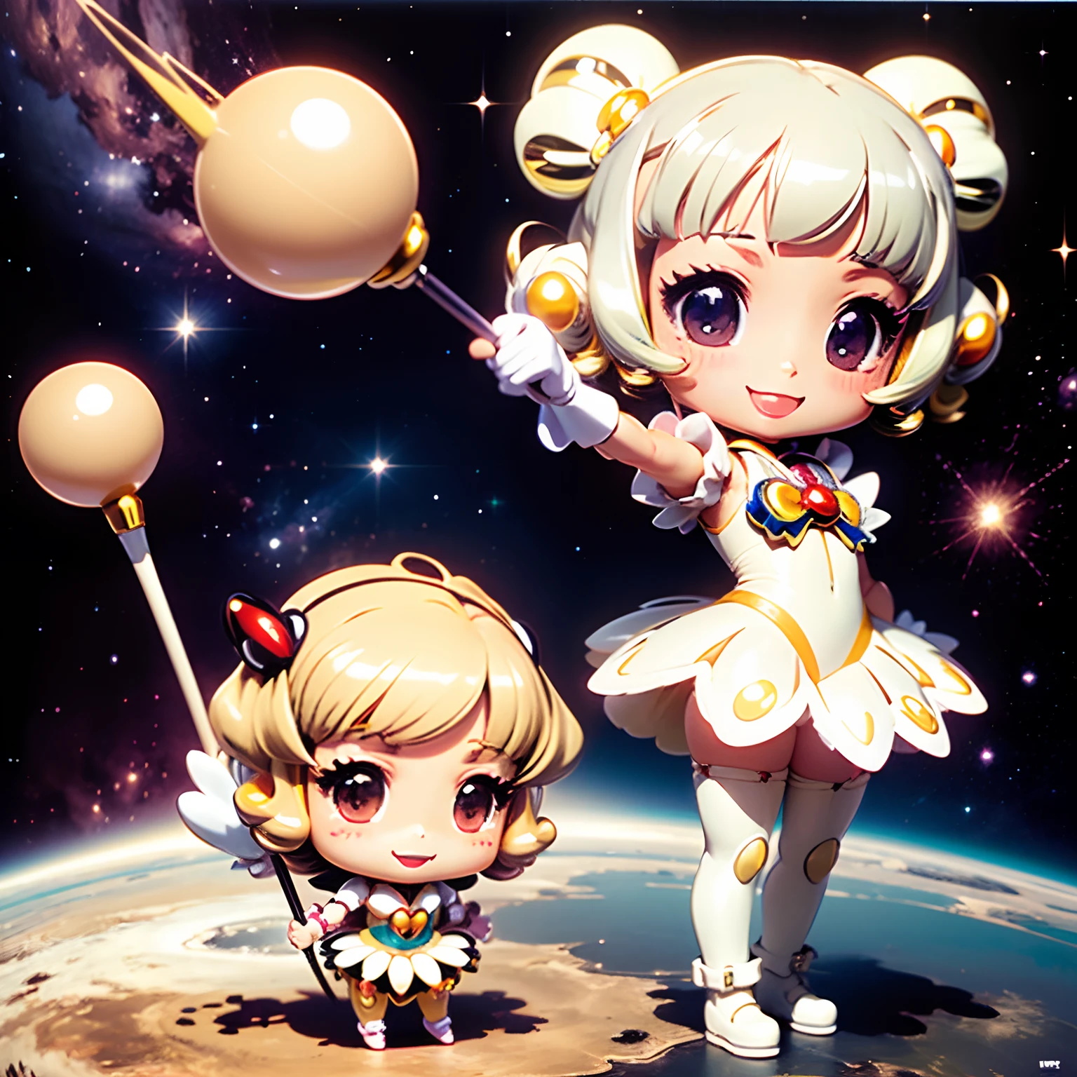 ​masterpiece、top-quality、ultra-detailliert、(Chibi Creamy Mami:1.4)、A charming smile、dynamicposes、Holding a magic cane、The Big Bang in Space