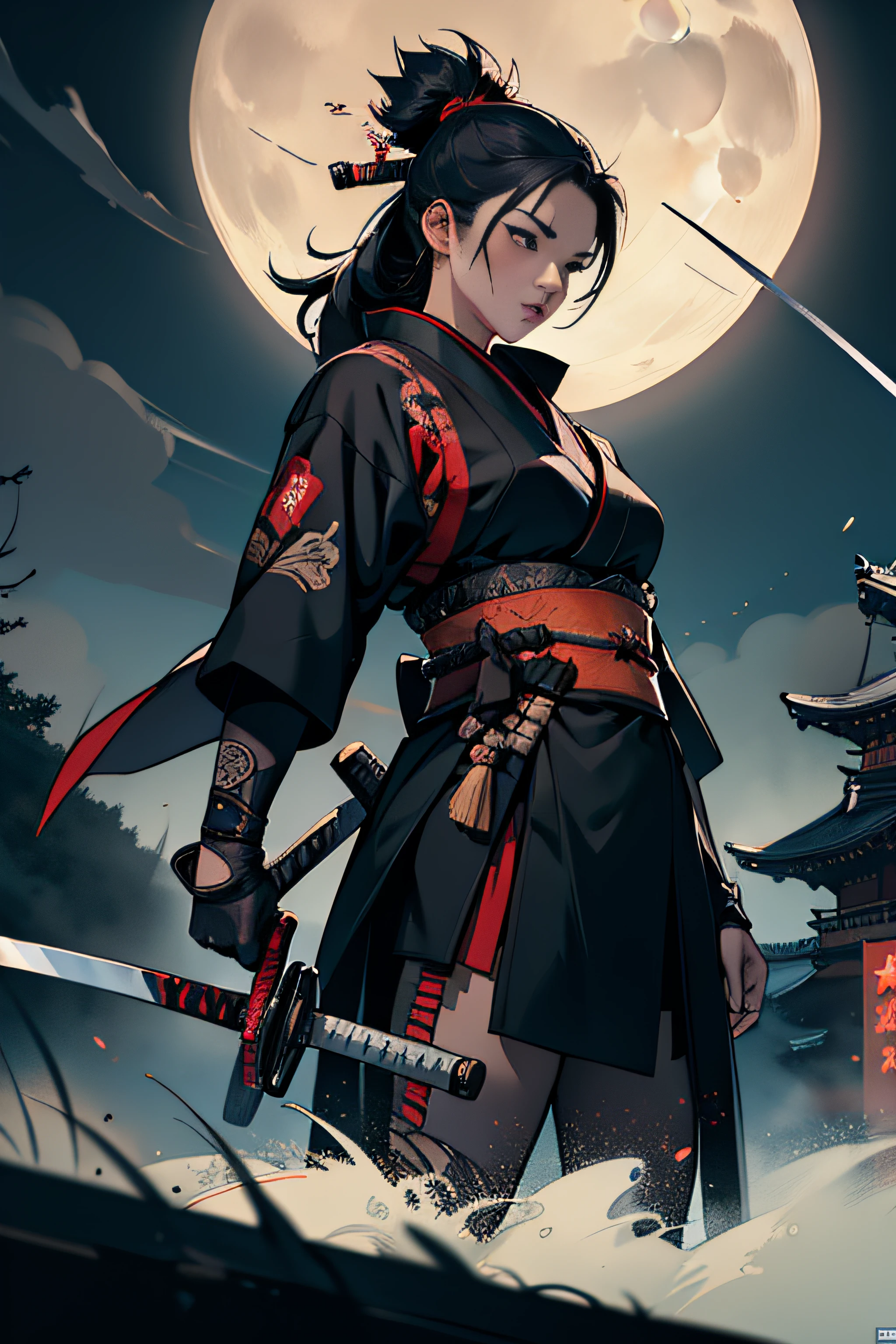 (Masterpiece, Best Quality), 8k Wallpaper, highly detailed, sexy female ronin, samurai, katana, japan, night, moonlight, vector style art, erotic, movie poster style, lettering.
