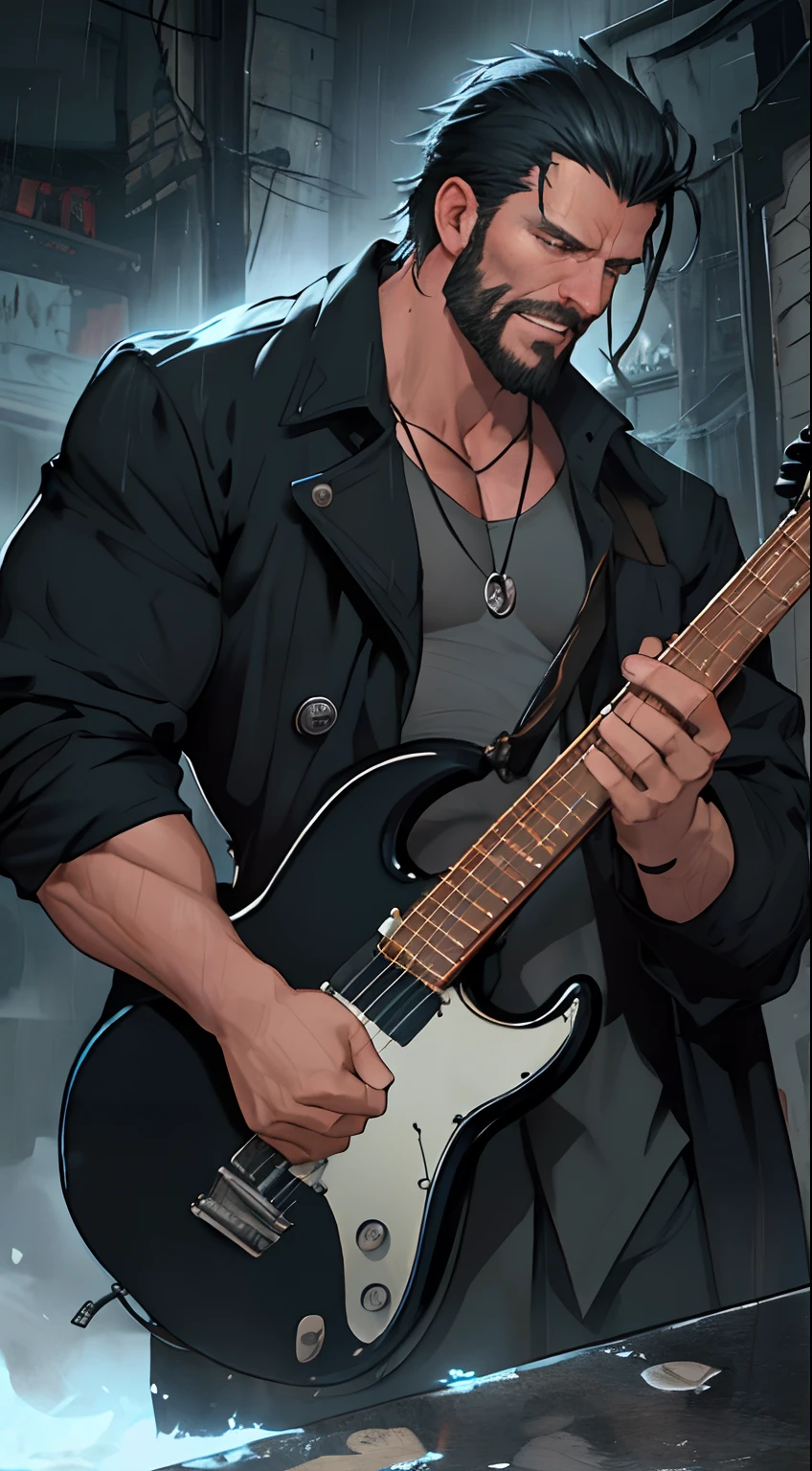 There is a man playing the electric guitar on room of ruin, it rains and smoky, midnight blue neon fog, broken glass flame, bonfire of drums are there, he gets wet in the rain, droplets, gigachad muscles, wearing a shoulder-padded dark green trench coat, wearing black dress shirt as inner, muscular men , male art, Eric Clapton, Commission for high resolution, Very heavy vignette!!!,hard ,Nothing is worn, slight laugh,veiny muscles,,shaggy lumpy body,Silver Plate Tag Necklace,Dad with extreme muscle mass,Black little long shaved side hair,Cropped beard face, little laugh, Around 50 years old,tanned brown skin,ultra-detailliert,High quality,Realistic and smooth skin texture,Photorealistic Dandy Guy,Light and shadow