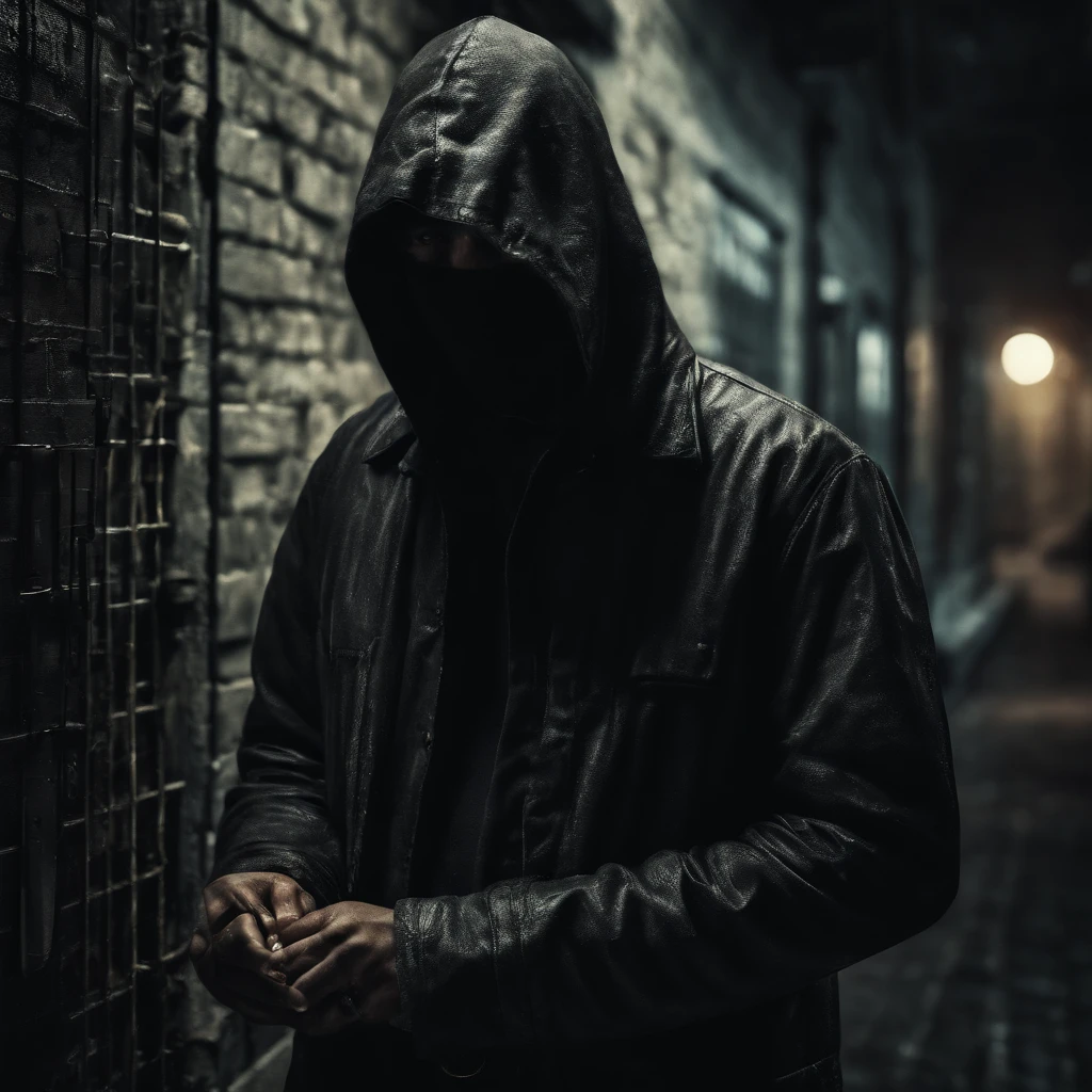 (best quality,4k,8k,highres,masterpiece:1.2),ultra-detailed,(realistic,photorealistic,photo-realistic:1.37),dark art,darkweb,evil hacker,anonymous mask,darkness,obscure,medium:oil painting,gritty textures,cyberpunk vibes,moody atmosphere,cybernetic enhancements,lurking shadows,dark alleyways,glowing neon lights,computer codes,ominous figures,secrecy and mystery,subtle hints of danger,digital glitch effects,haunting presence,haunted by past actions,cloaked in darkness,mind games,The art style should be a blend of dark and surreal elements, with a focus on capturing the essence of an evil hacker operating in the darkweb. The image should have a high level of detail and realism, portraying the character wearing an anonymous mask that conceals their identity. The use of dark and obscure elements will create an atmosphere of suspense and mystery. The lighting should be dim and moody, with shadows adding depth to the scene. The scene should be set in a dark alleyway, with glowing neon lights adding a cyberpunk touch. The hacker should be surrounded by computer codes, symbolizing their expertise in hacking. The art should also incorporate subtle glitch effects, representing the digital world they navigate. Overall, the image should evoke a sense of danger and secrecy, with the viewer feeling the presence of the evil hacker lurking in the shadows.