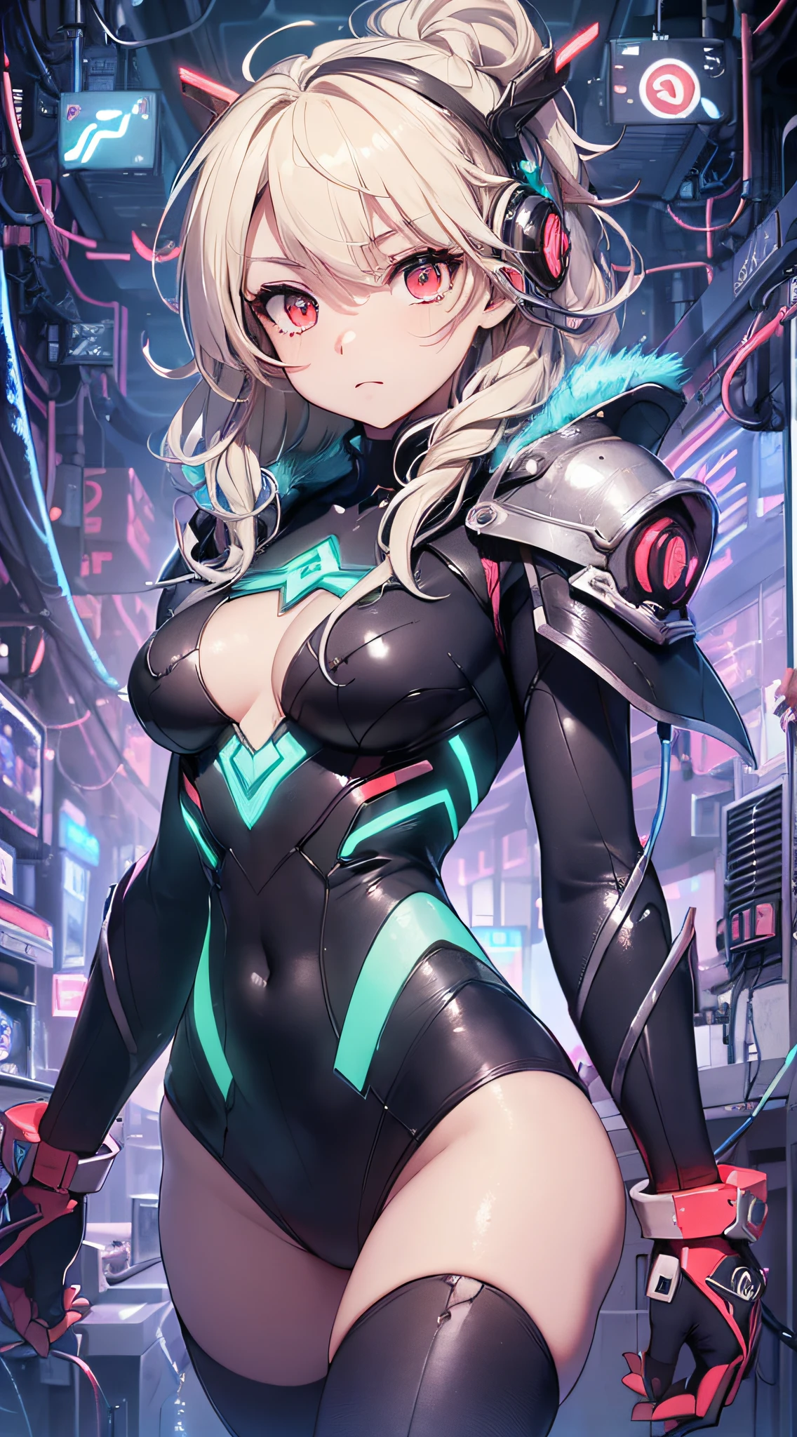 top-quality、Top image quality、masterpiece、Android Girl((18year old、Red, Black and blue glowing cybersuit、Best Bust、Bust 90、Blonde Away Tail、Red Eyes、open chest wide、Valley、Happiness、A slender、deadpan、Stand at the front、Countless cables))hiquality、Beautiful Art、Background with((research complex、Cooling system、Frozen capsules、Neon color、Cyberworld))、masutepiece、Elaborate design、visualart、