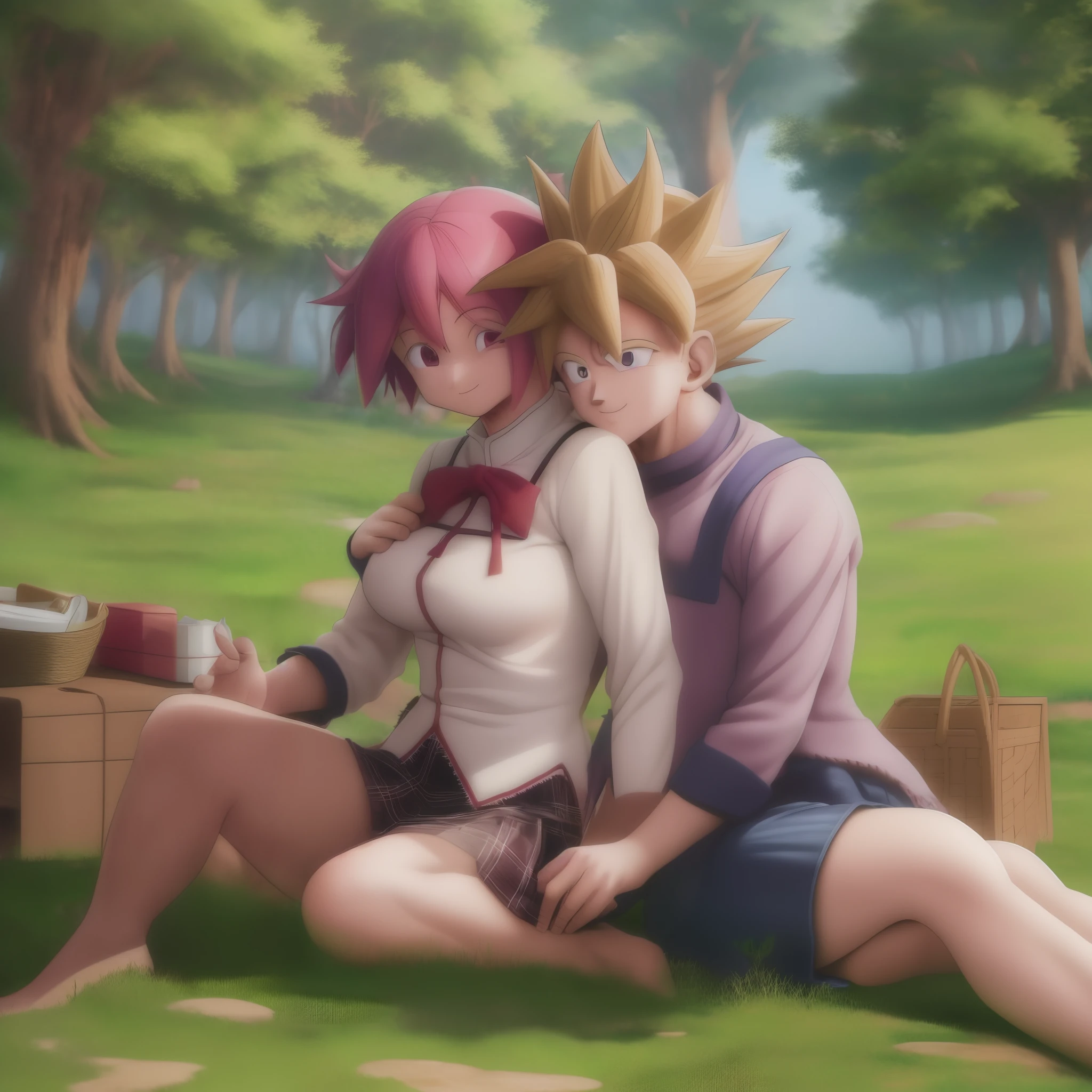 madoka,son goku,couple,husband and wife,love dovey couple,sitting,hug,,smile,(best quality,4k,8k,highres,masterpiece:1.2),ultra-detailed,picnic,