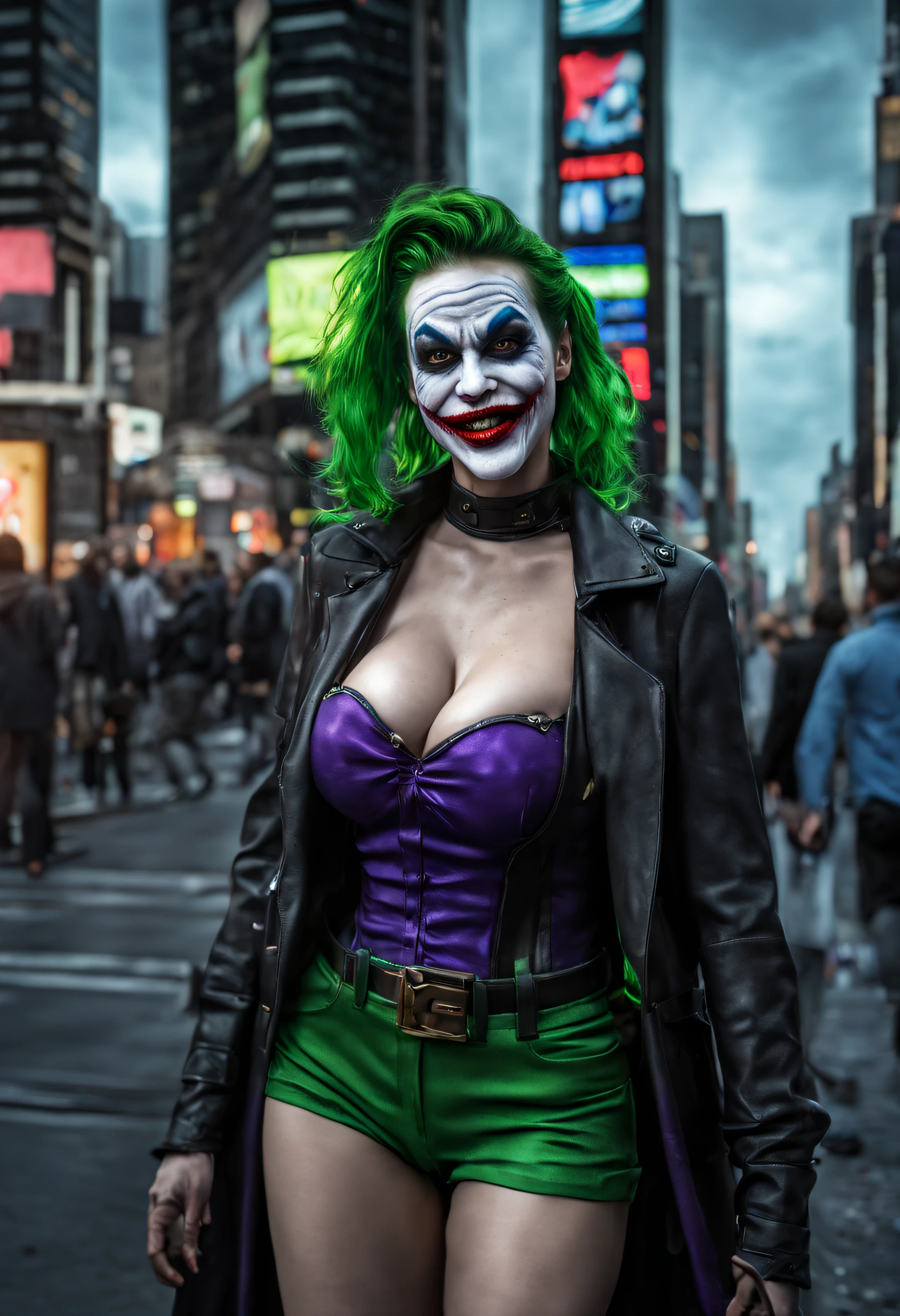 New York, time square, Joker Girl 25 years old, macabre, horror, Sharp mouth teeth, full body photo, tight clothes, technological details, Authentic background, (realism: 1.5), (Realisitc: 1.4), (Absurdity:1.4 ), 8k, ultra-detailed, detailed, (full breasts: 1.3), (One only: 1.4 only), (Viewer facing: 1.3),