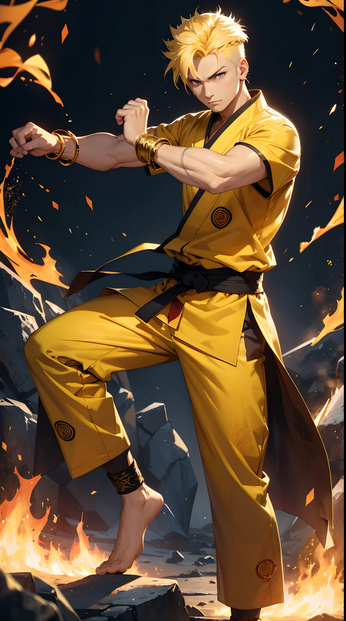 A sispack man , yellow hair, celana trousers with an ancient pattern, 10 big gold fire ring bracelets on both hands, a martial arts expert's stance. Fire aura effect, fire particles, fire with dark light HD, fire Ring martial arts.fire Iron bracelet martial arts.