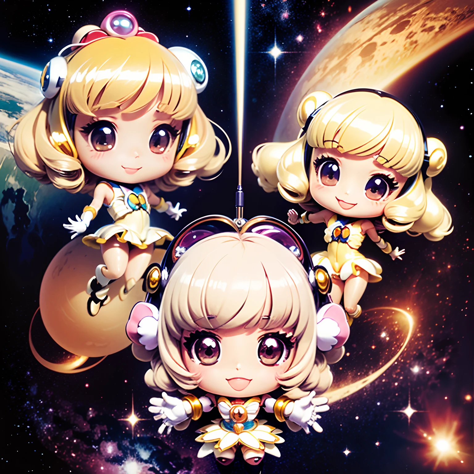 masterpiece、top-quality、ultra-detailliert、(Chibi Creamy Mami:1.4)、A charming smile、dynamicposes、holding magic wand、The Big Bang in Space