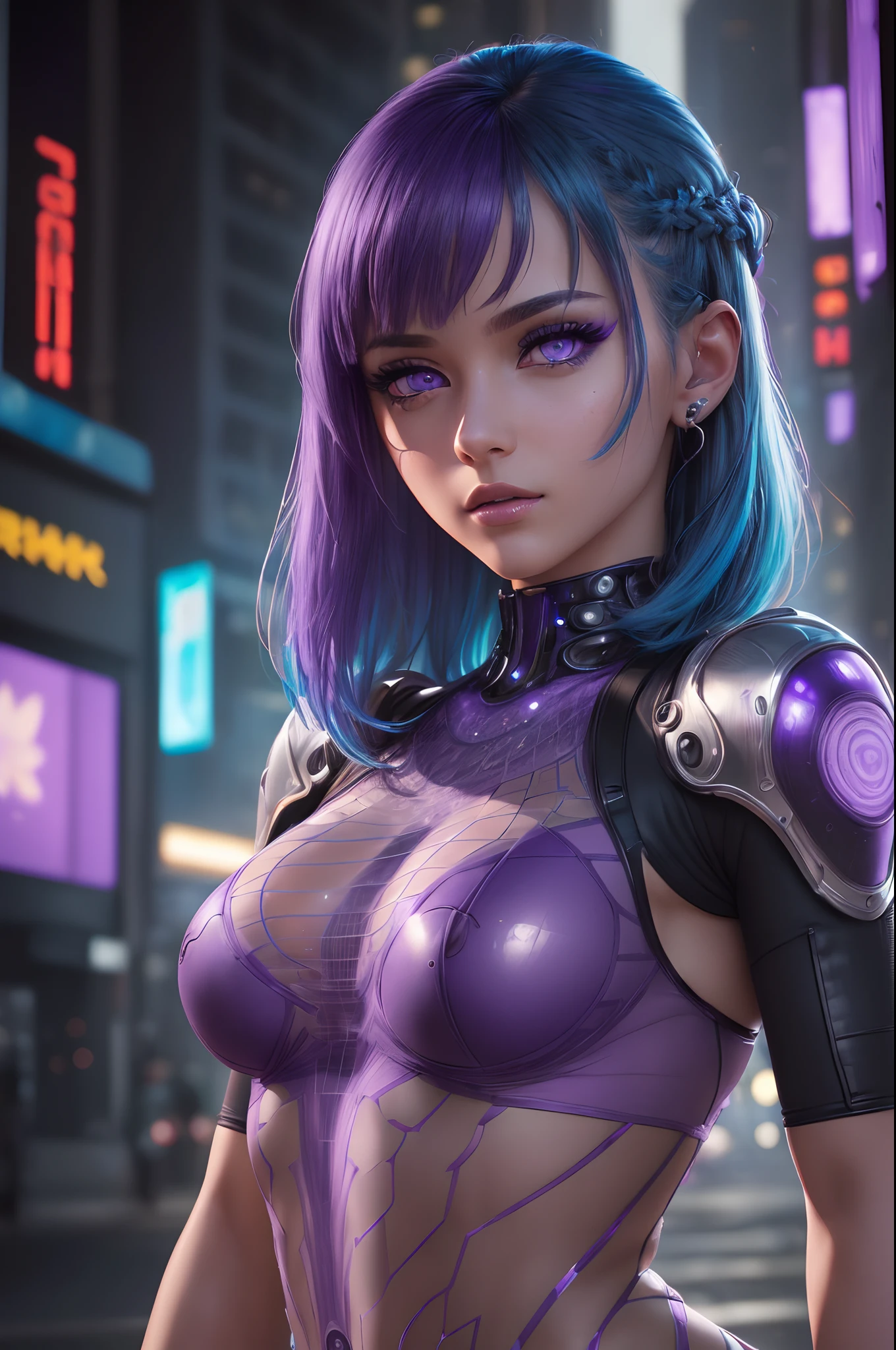 Highly detailed, ultra detailed, best quality, highest quality, hyper detailed, highly detailed background, photorealistic, masterpiece, (detailed CGI 32k:1.3), detailed realistic skin, stunning and gorgeous, (holographic girl), (against the backdrop of a cyberpunk city:1.2), (transparent body:1.3), medium breasts, show off clothes, full body, (dim lighting:1.2), (detailed hair:1.3), (bob haircut:1.2), (blue hair:1.3), (centered), (highly detailed:1.4), (purple eyes:1.3), (detailed face and eyes:1.4).