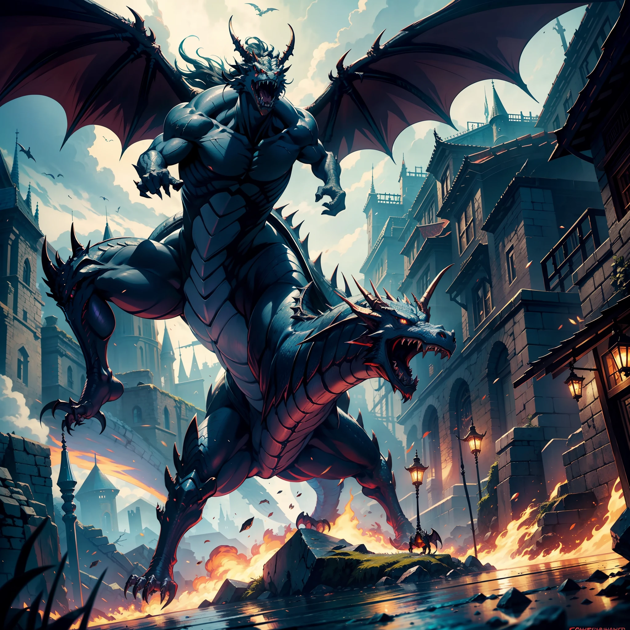 Great Angry Legendary dragon 3 points perspective shot lower view in War Scène with Castlevania Lord of the shadows hyper realistic super detailed Dynamic shot master piece