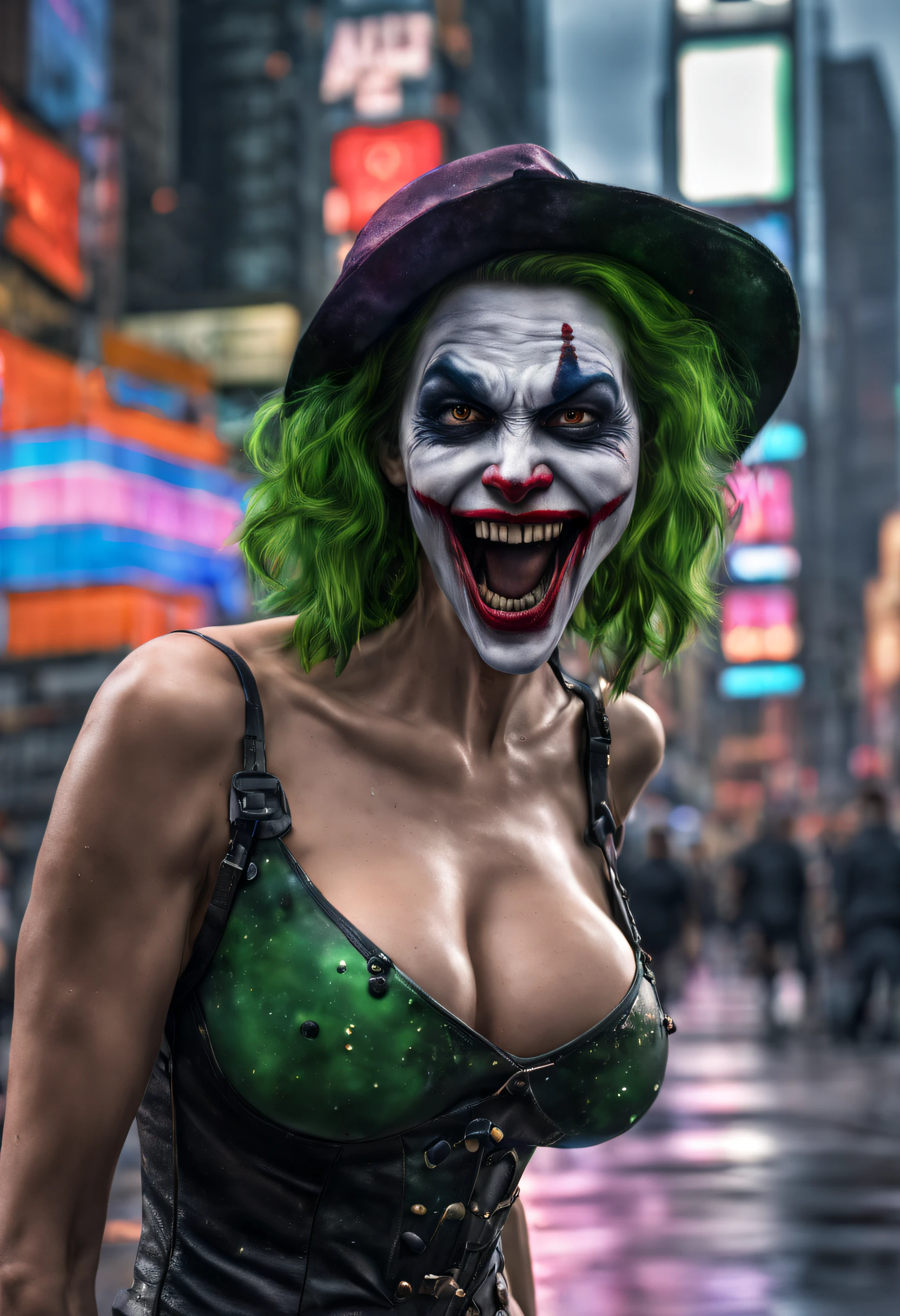 New York, time square, Joker Girl 25 years old, macabre, horror, Sharp mouth teeth, full body photo, tight clothes, technological details, Authentic background, (realism: 1.5), (Realisitc: 1.4), (Absurdity:1.4 ), 8k, ultra-detailed, detailed, (full breasts: 1.3), (One only: 1.4 only), (Viewer facing: 1.3),