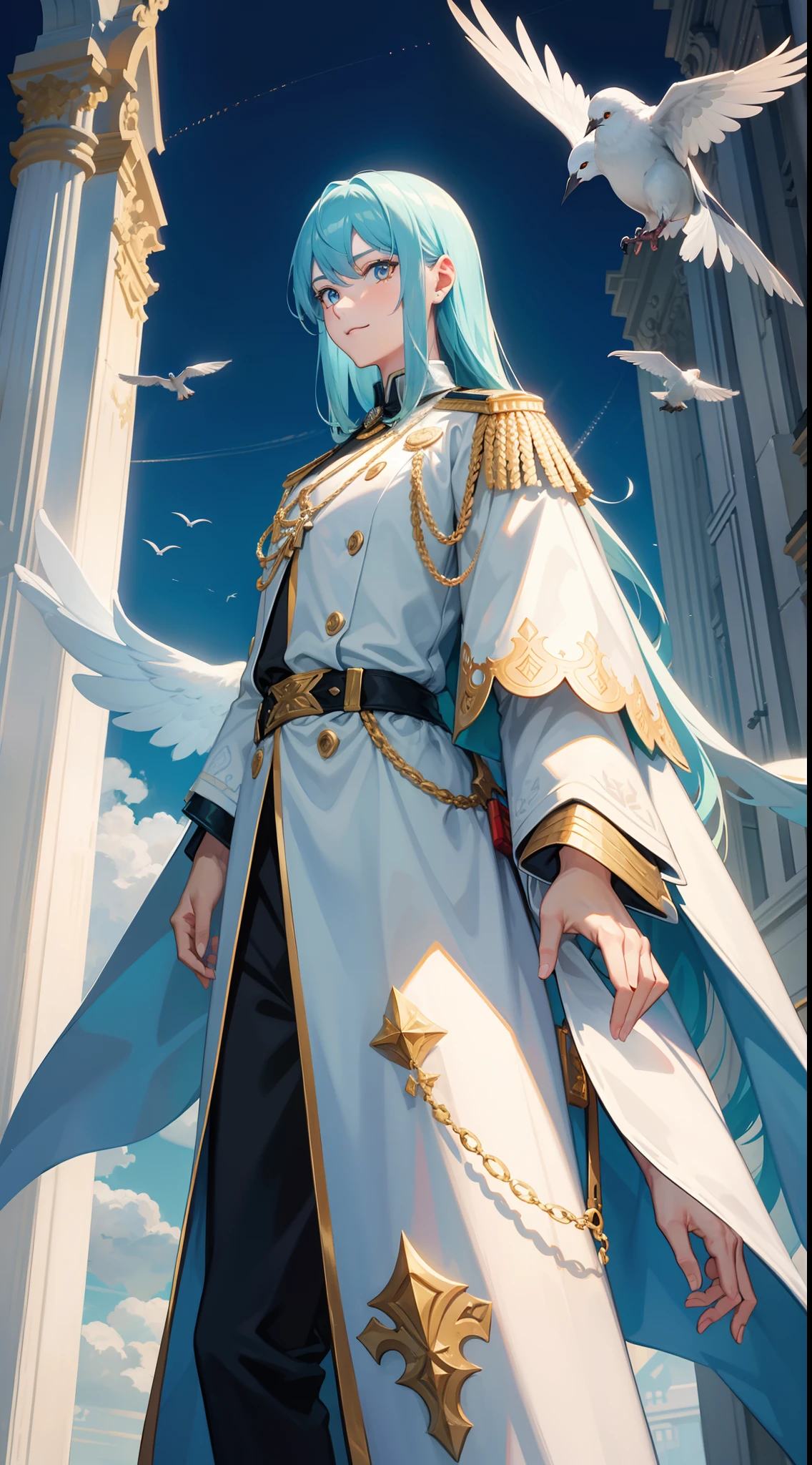 Tall guy, Stunted pigeons, Cyan eyes, ssmile, Beautiful white soldier's uniform, Gold Elements, Two magic pistols, hiquality, 4k, HD, Good detail