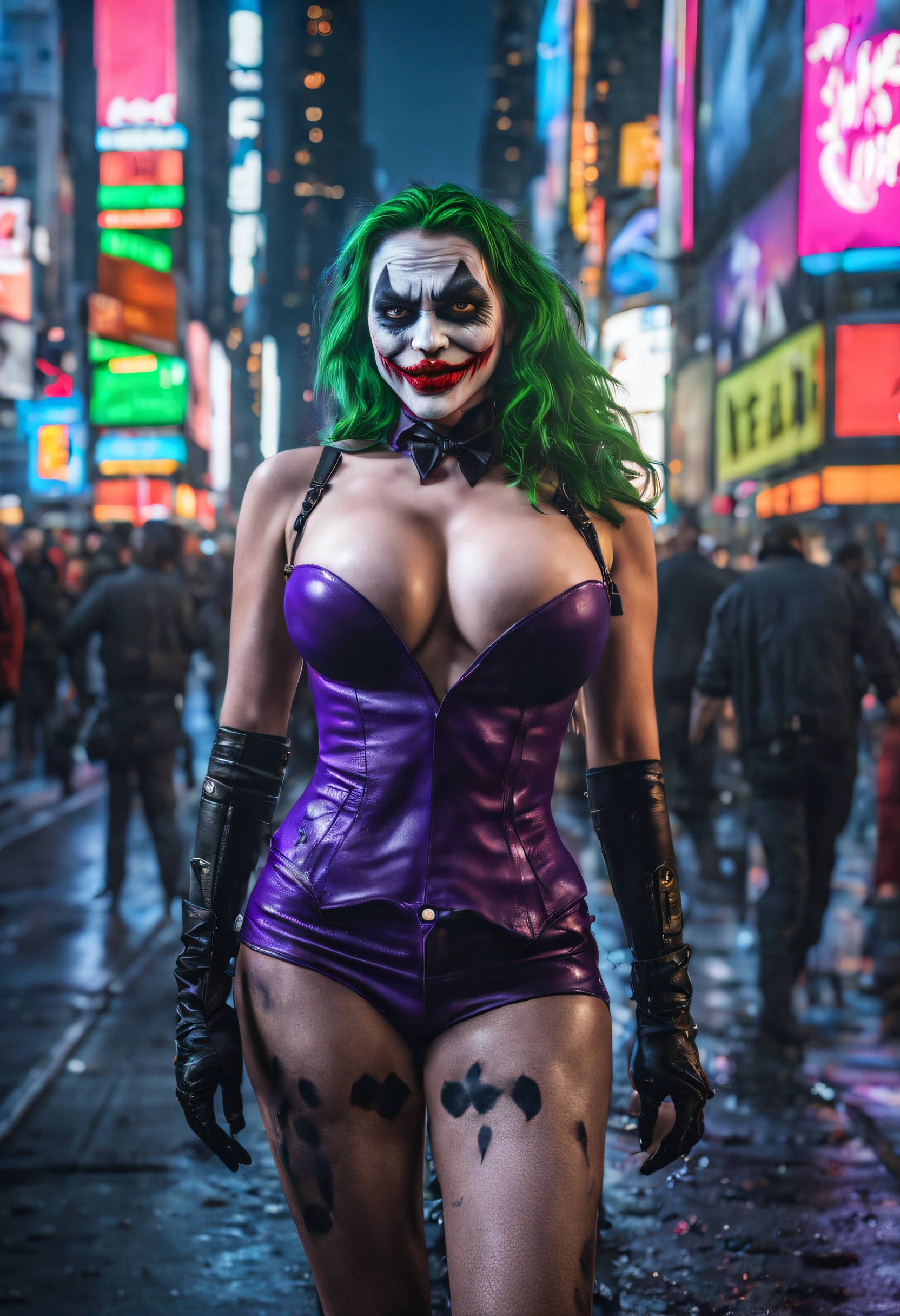 New York, time square, Joker Girl 25 years old, macabre, horror, Sharp mouth teeth, full body photo, tight clothes, technological details, Authentic background, (realism: 1.5), (Realisitc: 1.4), (Absurdity:1.4 ), 8k, ultra-detailed, detailed, (full breasts: 1.3), (One only: 1.4 only), (Viewer facing: 1.3),