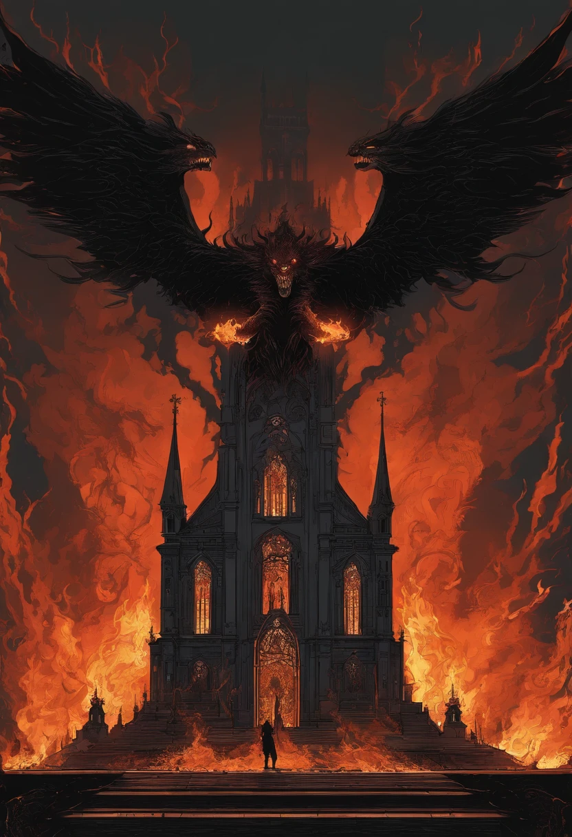 Gigantic demon behind a church on fire