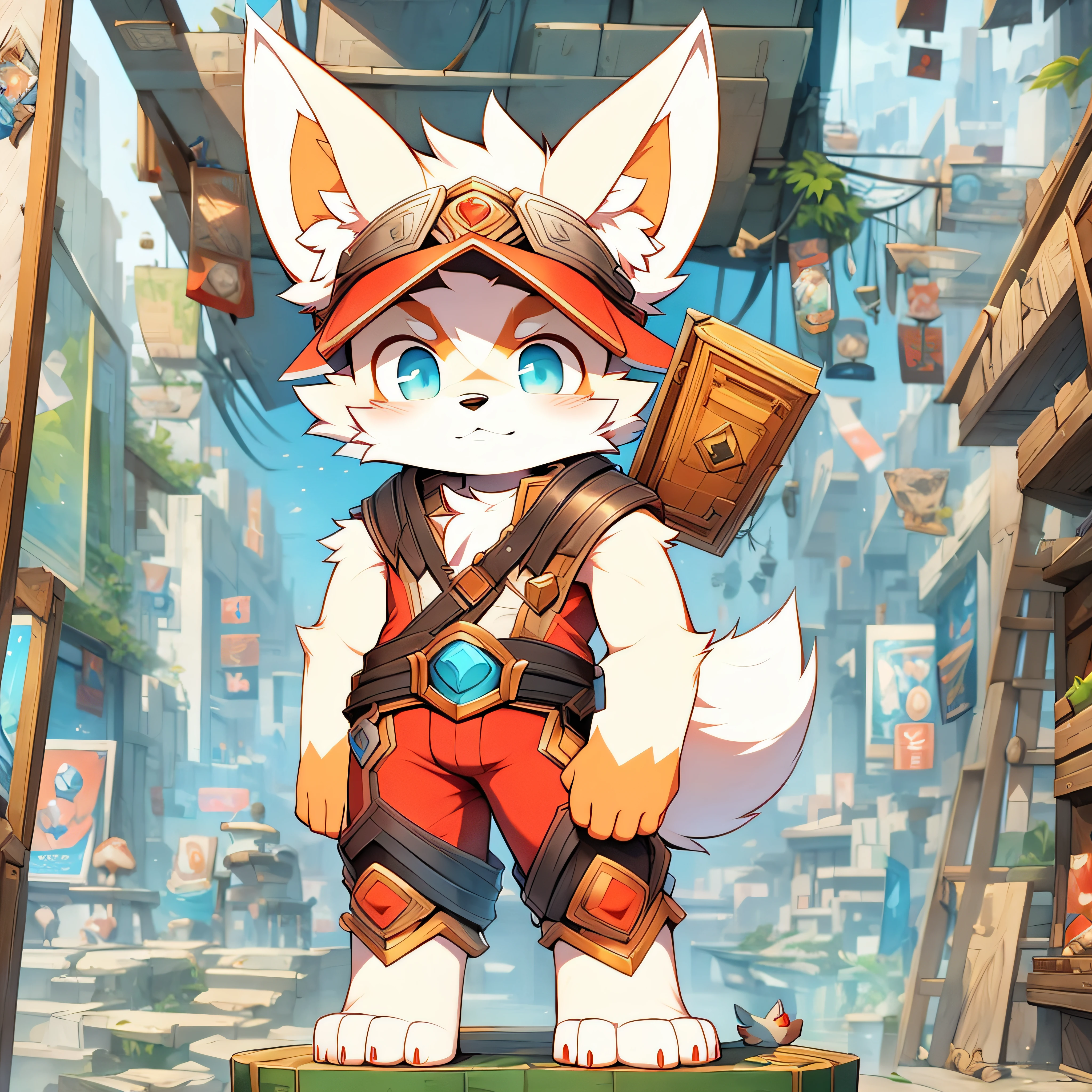 There is a painting,A fox wearing a red helmet and red pants, a fox, fox from league of legends chibi, fursona wearing stylish clothes, Furry character, cute character, Anthropomorphic fox, fox mccloud, tonic the fox, fursona art, an anthropomorphic cyberpunk fox, furaffinity commission, fursona commission