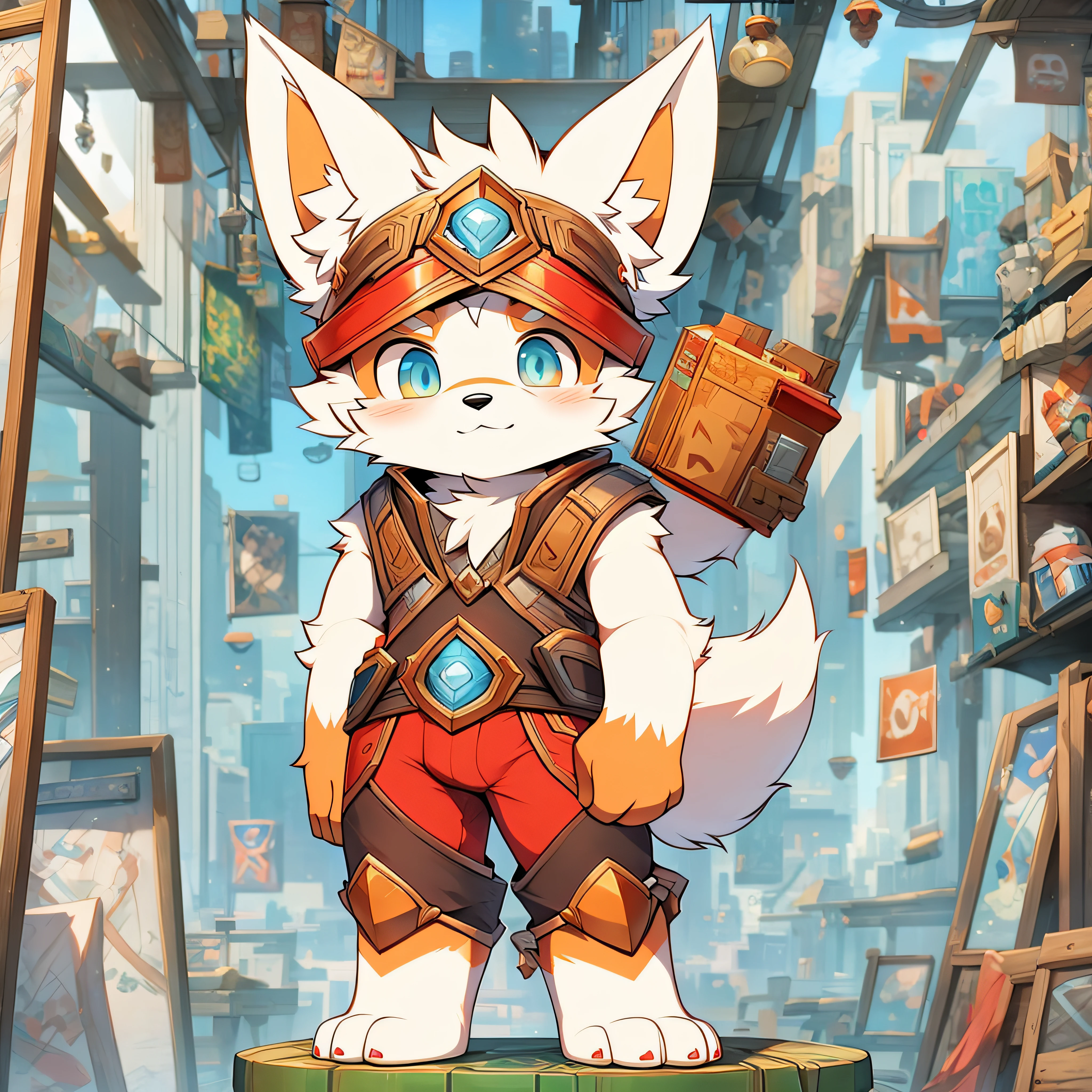 There is a painting,A fox wearing a red helmet and red pants, a fox, fox from league of legends chibi, fursona wearing stylish clothes, Furry character, cute character, Anthropomorphic fox, fox mccloud, tonic the fox, fursona art, an anthropomorphic cyberpunk fox, furaffinity commission, fursona commission