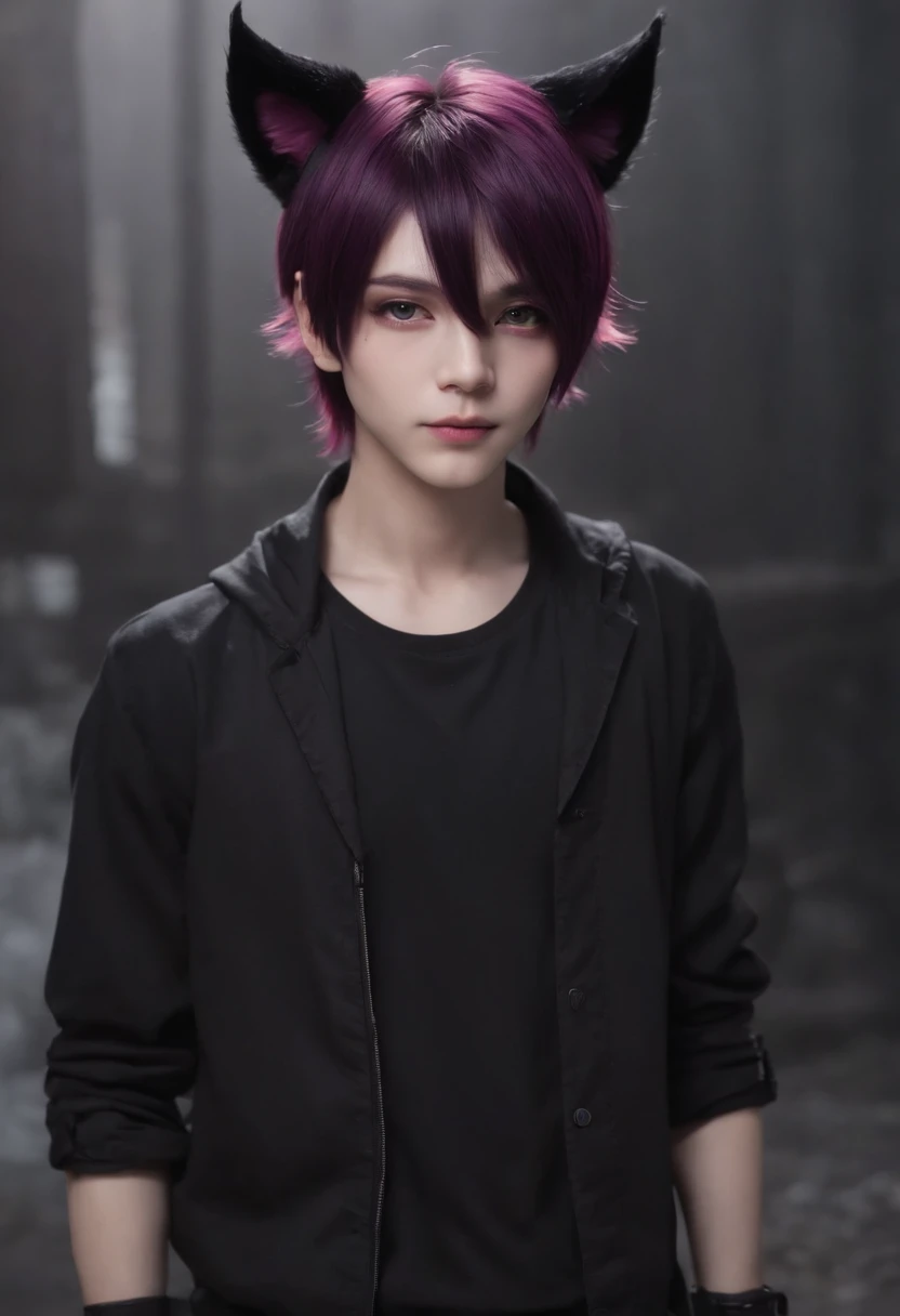 anime Boy with dark purple and dark pink hair , gradient hair color, and black outfit standing in front of a black background, emo boy with cat ears and tail, catboy, fursona!!!!, anime, anime stylized, 2 d male, anime style”, anime catboyl, anime moe artstyle, stylized anime, full body, evil, Deep Goth, level max