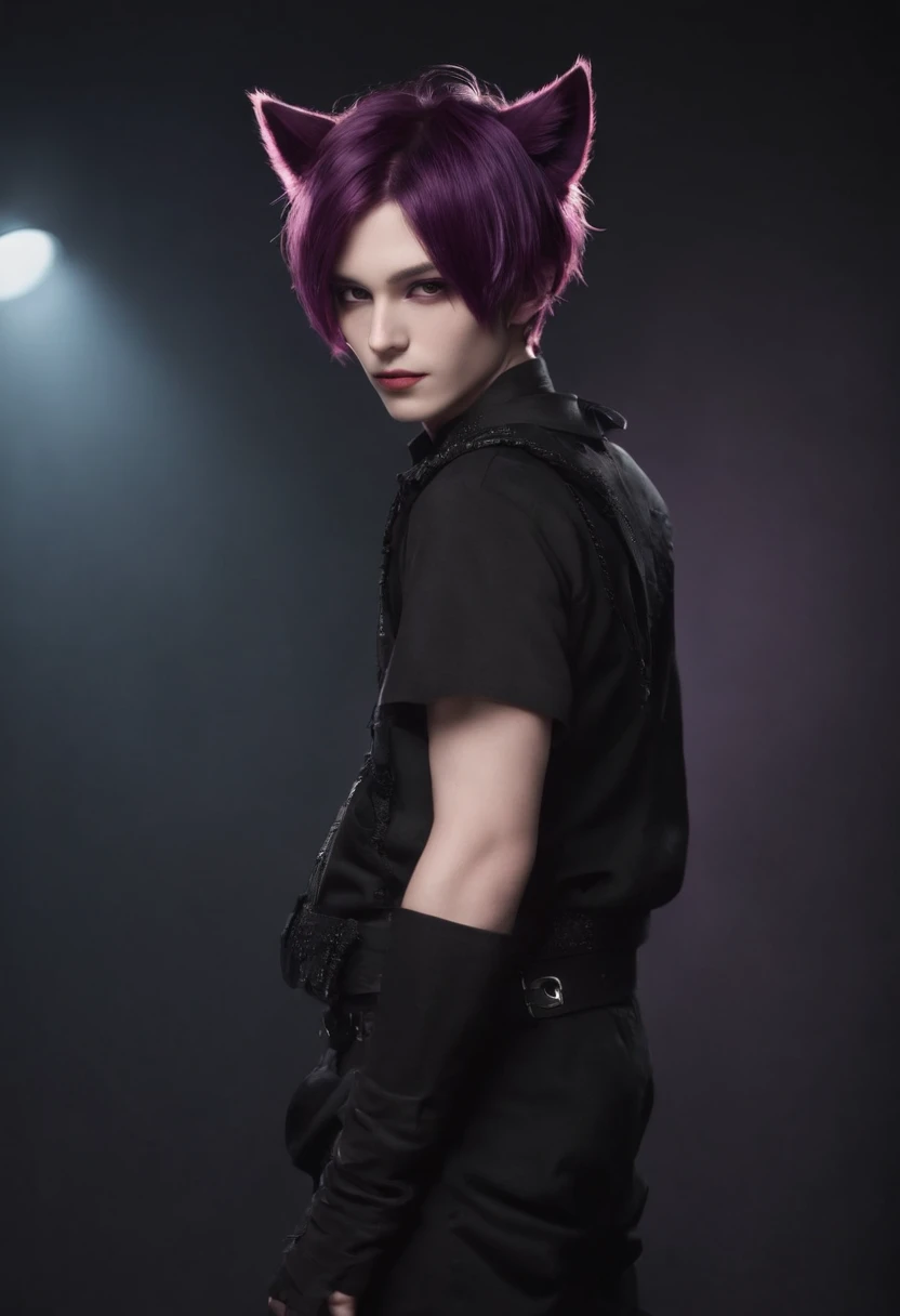 anime Boy with dark purple and dark pink hair , gradient hair color, and black outfit standing in front of a black background, emo boy with cat ears and tail, catboy, fursona!!!!, anime, anime stylized, 2 d male, anime style”, anime catboyl, anime moe artstyle, stylized anime, full body, evil, Deep Goth, level max
