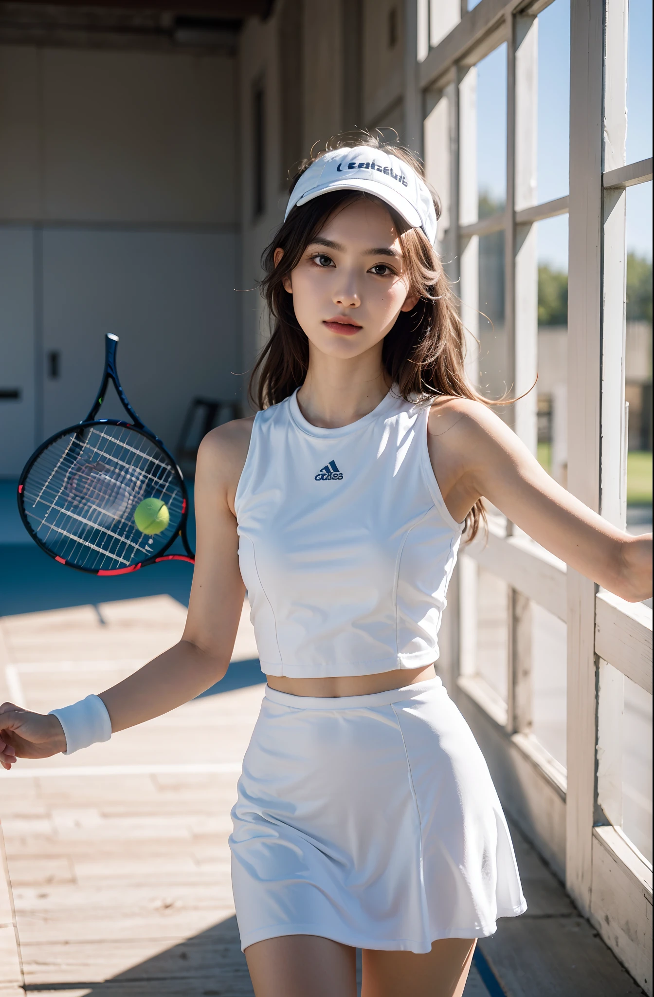 Indoor tennis，fully body photo，Face front，looks into camera，15-year-old girl，Delicate facial features，long leges，Juvenile，White sleeveless tight dress，Abs，wholesome，White visor hat，cleanness，k hd，Chasing the light，Contre-Jour，Shiny hair，A masterpiece，Excellent portrait，8K，HighestQuali，