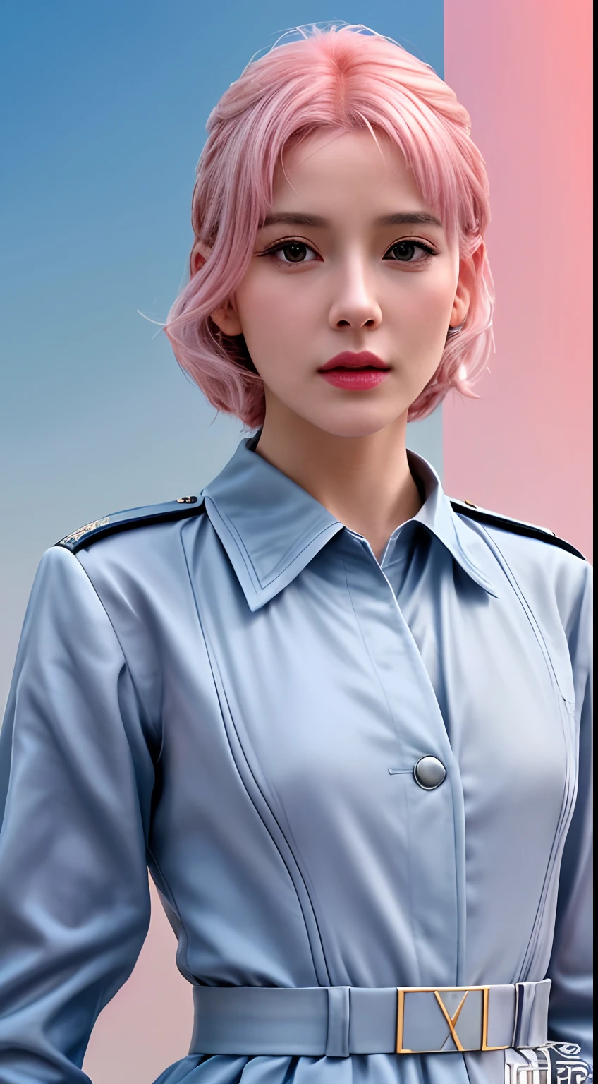 Movie Cover Image,Like a Real Person,Polite Dress,War War Fighter Action Cover Image),(Movie Reference Foundation : 1.8 ),Realistic,White Air Force General Uniform,(Realistic Face Resolution),Cinematic Poses,Skinny,Small,1 Womam, pink hair, midshot, centered image, ultra detail, extremely face detail, extremely eye detail
