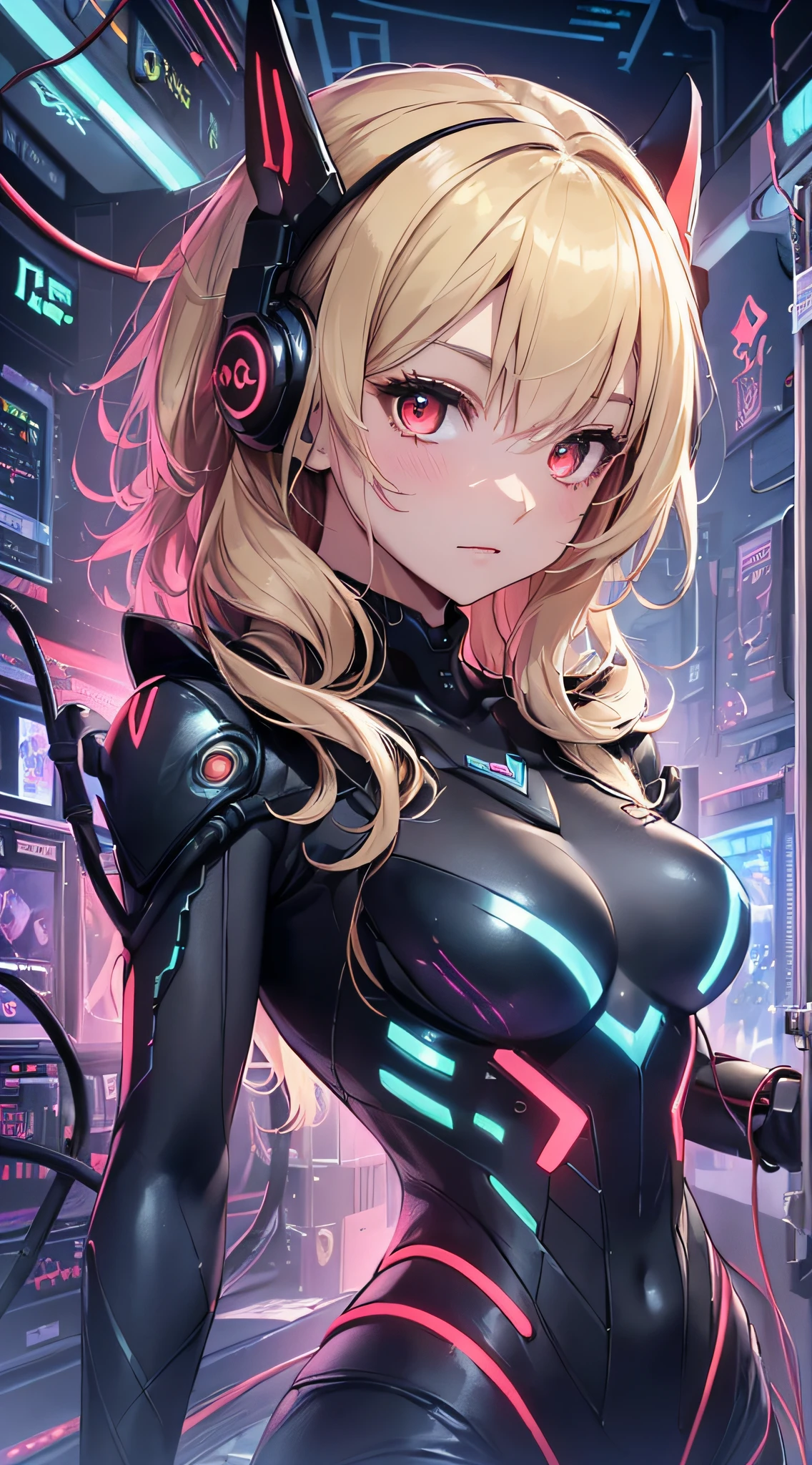 top-quality、Top image quality、masterpiece、Android Girl((18year old、Red, Black and blue glowing cybersuit、Best Bust、Bust 90、Blonde Away Tail、Red Eyes、open chest wide、Valley、Happiness、A slender、deadpan、Stand at the front、Countless cable connections throughout the body))hiquality、Beautiful Art、Background with((research complex、Cooling system、Frozen capsules、neon color、Cyberworld、cold))、masutepiece、Elaborate design、visualart、