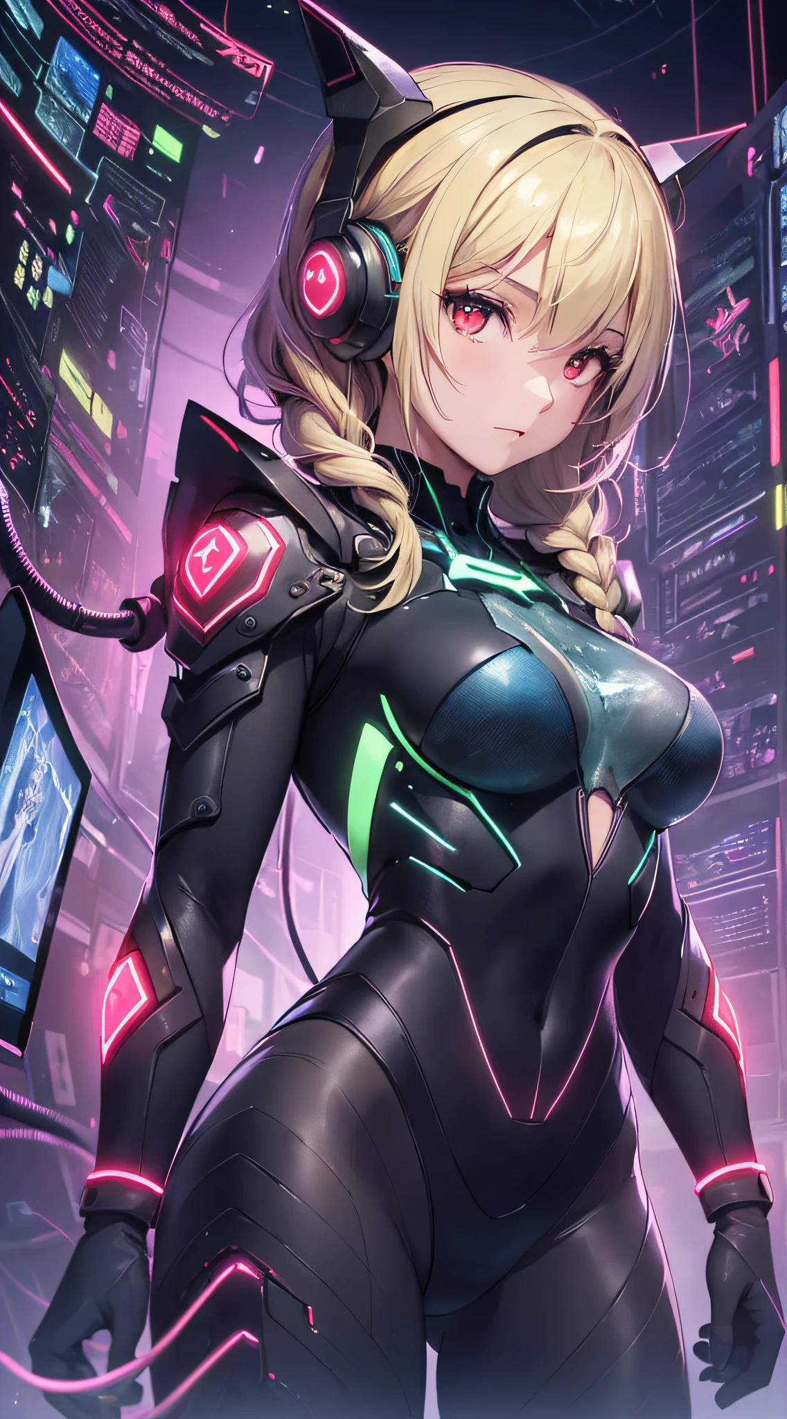 top-quality、Top image quality、masterpiece、Android Girl((18year old、Red, Black and blue glowing cybersuit、Best Bust、Bust 90、Blonde Away Tail、Red Eyes、open chest wide、Valley、Happiness、A slender、deadpan、Stand at the front、Countless cable connections throughout the body))hiquality、Beautiful Art、Background with((research complex、Cooling system、Frozen capsules、neon color、Cyberworld、cold))、masutepiece、Elaborate design、visualart、