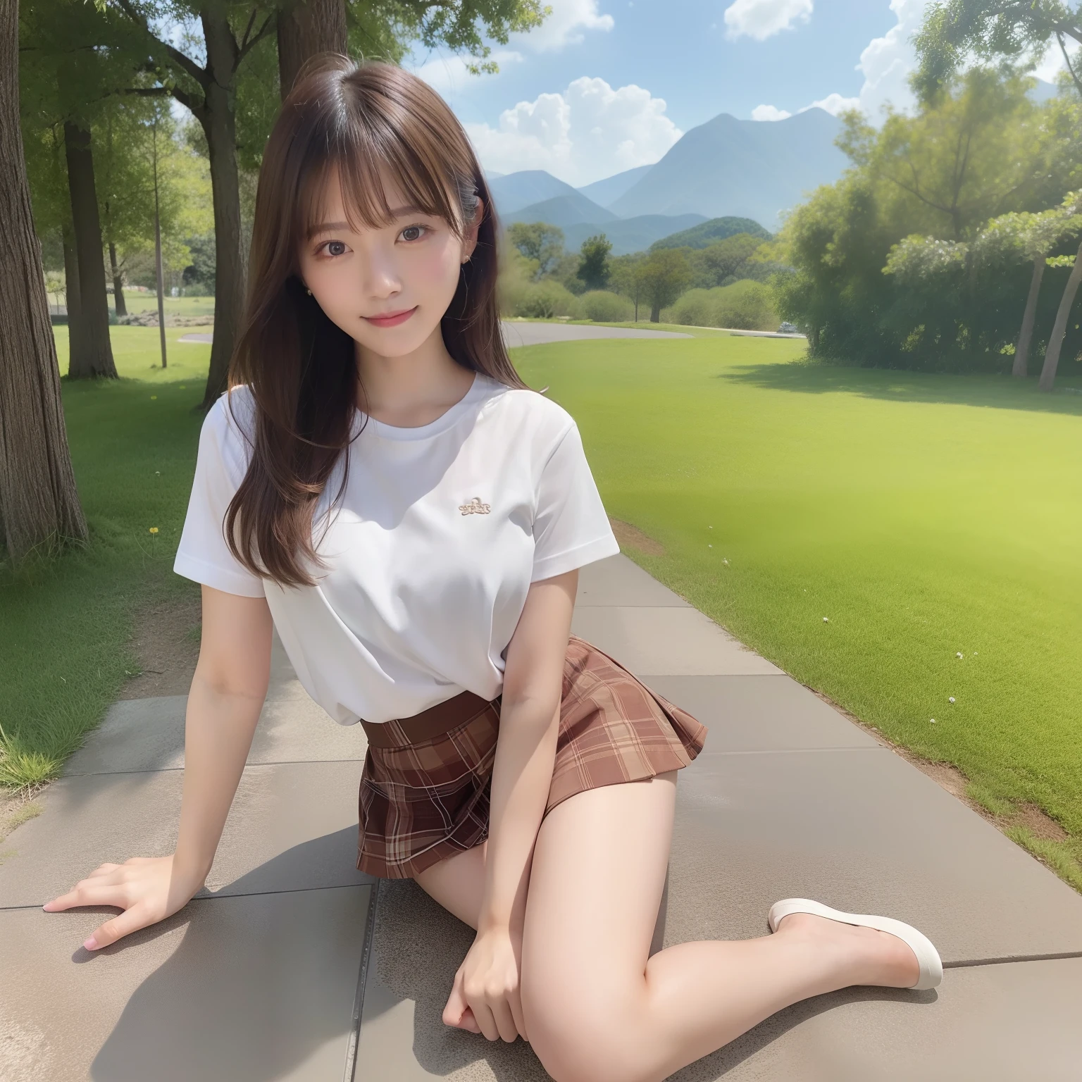 NSFW, 8k RAW photo, top-quality:1.1, ​masterpiece:1.3, 超A high resolution, film grains, filmg, 1girl in, looking at the viewers, natural skin textures:1.1, realistic eyes and face details:1.1, Full lips, fluffy hair, Shy smile, The shirt, Beautiful natural places,full body Esbian、Around the position of the flower, (细致背景), plaid skirts, white  shirt,(Brown medium hair,Bangs), (touch hair:1.4),nogizaka,Beautiful legs:1.1,Ponytail exposure