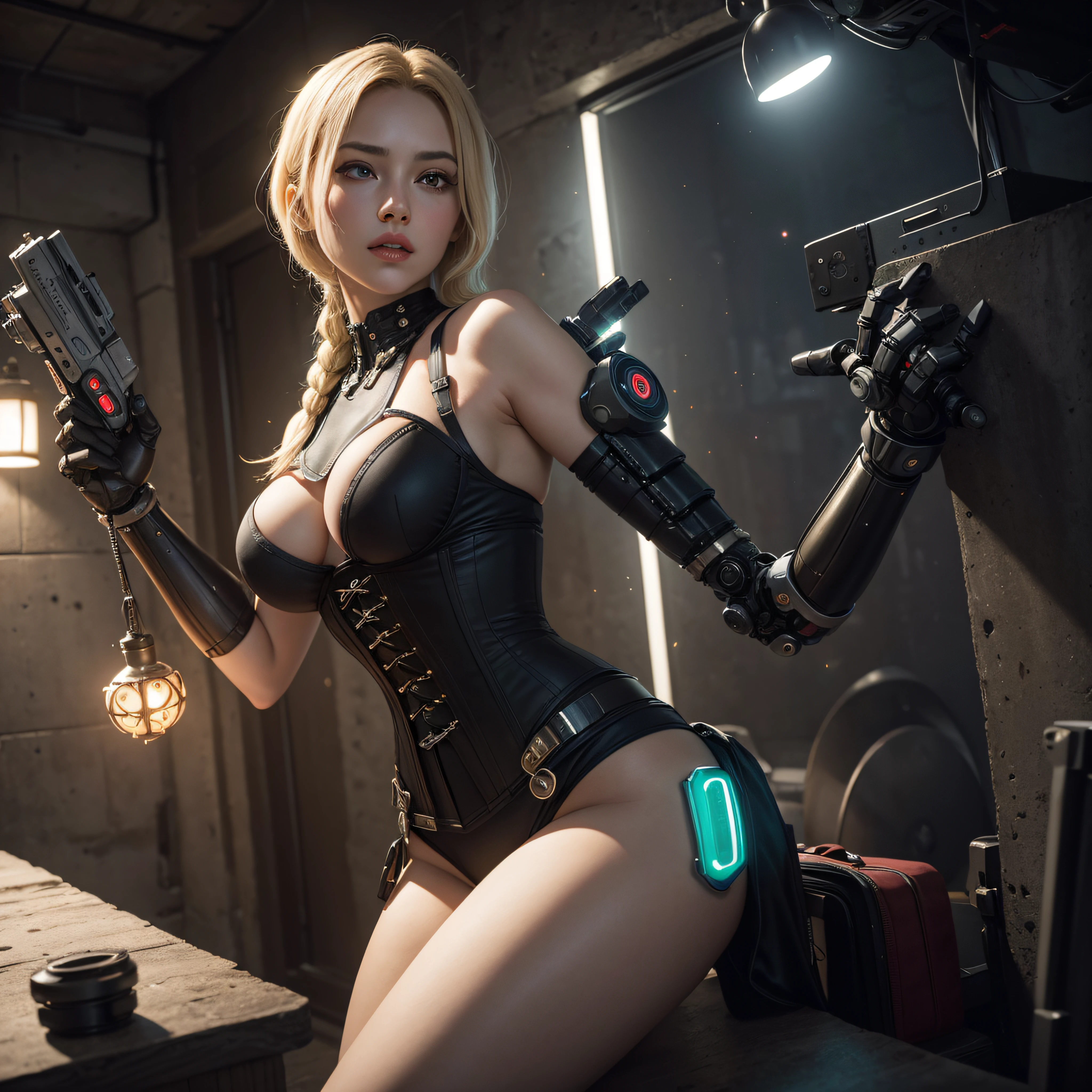 ((calidad superior)), ((obra maestra)), ((realista)), (Los detalles), (fotorrealista:1.5), puppet, marioneta de nadera humanoides tendidos en un piso de concreto, Science-Fiction, HDR, Trazado de rayos, NVIDIA RTX, Los ultra-Highres, Irreal 5, Sub-Surface Scatterring, PBR texturizado, Post-procesamiento, Anisotropic filtering, Profundidad de campos, maximum sharpness and sharpness, Regla de los tercios、8K RAW、(Luminescent Particles:1.4)、(super-detailed CG、Unidad 8k Fondos de pantalla、lighting like a movie、destello de lente、foco nítido. Blonde girl with corset, Robotic Parts, Cannons, Armas, pistola, Arte cyberpunk、arquitectura cyberpunk