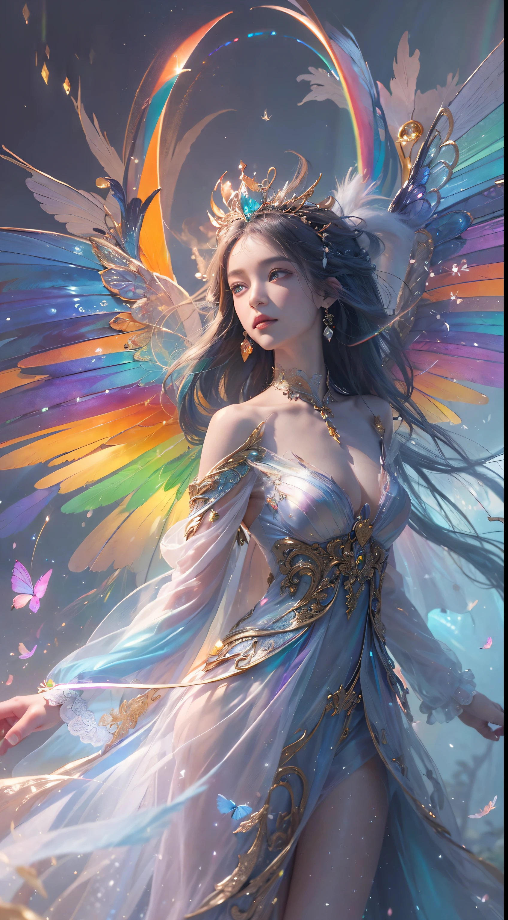 (((masterpiece))), (((best quality))), ((ultra-detailed)),(highly detailed CG illustration), ((an extremely delicate and beautiful)),cinematic light, Create a stunning fantasy artwork that mimics the style of currently trending masters of the genre. The art piece should contain elements of both mythic fantasy and fairytale fantasy with dreamy rainbow accents. ((Utilize the rainbow as the main color scheme.)) The character in the artwork is a delicate but strong petite figure with an aura of mystery and magic and (beautiful translucent rainbow wings). Pay close attention to intricate facial features, such as mesmerizing eyes with vibrant colors and bold shading. The character's clothing should be designed with gossamer feathers, silk, stunning embroidery, and subtle iridescent details. Incorporate (((translucent rainbows))), dreamy colors, dynamic lighting, and detailed background elements to create a sense of awe and immersion. Include colorful flying magical birds and jewel-toned rainbow butterflies radiating a magical aura. Consider the latest trends in fantasy art, such as incorporating unique lighting effects, exploring dynamic and compelling composition techniques, and experimenting with unique color palettes. Take inspiration from the top artists on ArtStation and Midjourney. Camera: Choose an angle that highlights the character's beauty and enhances the magical majesty of the artwork. Lighting: Utilize atmospheric lighting techniques to create depth and mood. Resolution: Aim for a high-resolution artwork to showcase intricate details and clarity. Art Inspirations: Seek inspiration from the trending artists on ArtStation, exploring different styles, genres, and themes.
