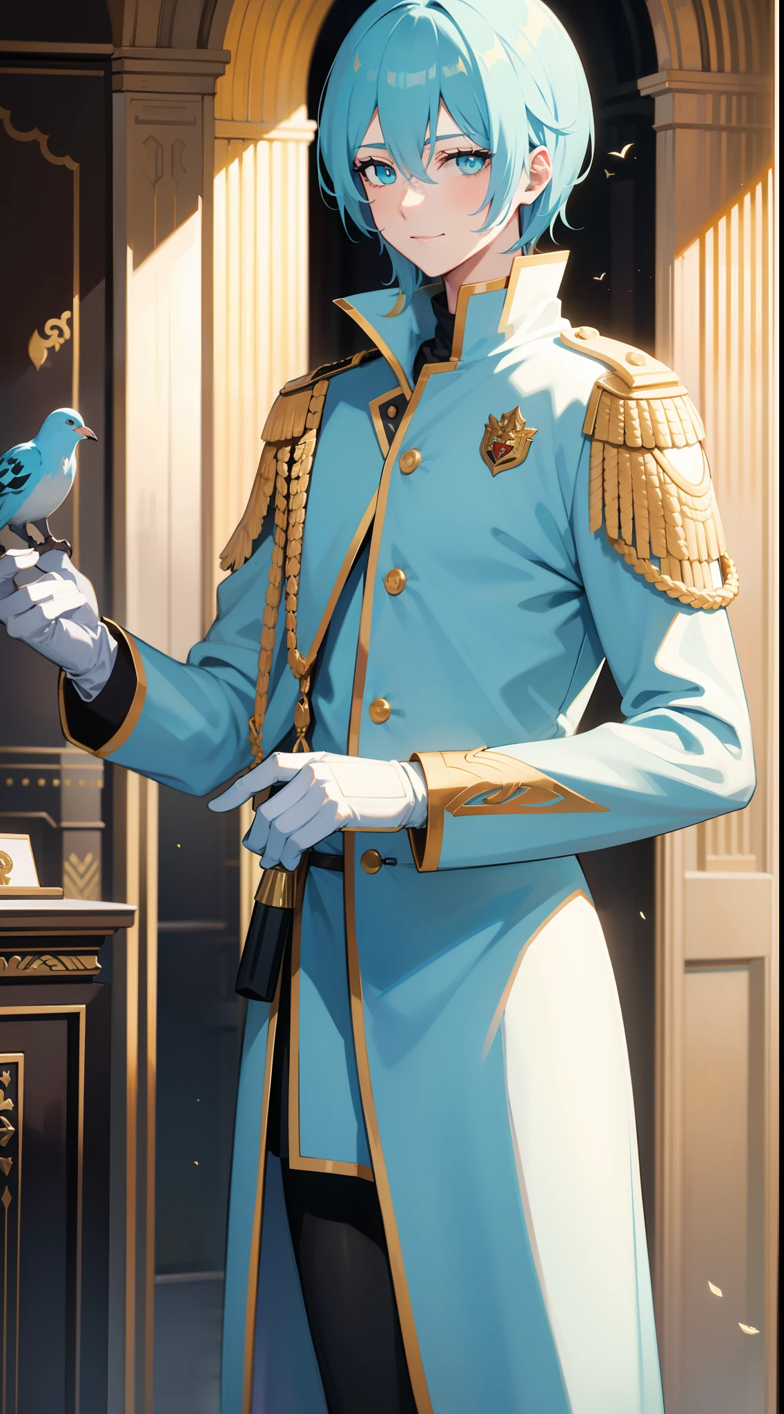 Tall guy, Stunted pigeons, Cyan eyes, ssmile, Beautiful white soldier's uniform, Gold Elements, Two magic pistols, hiquality, 4k, HD, Good detail