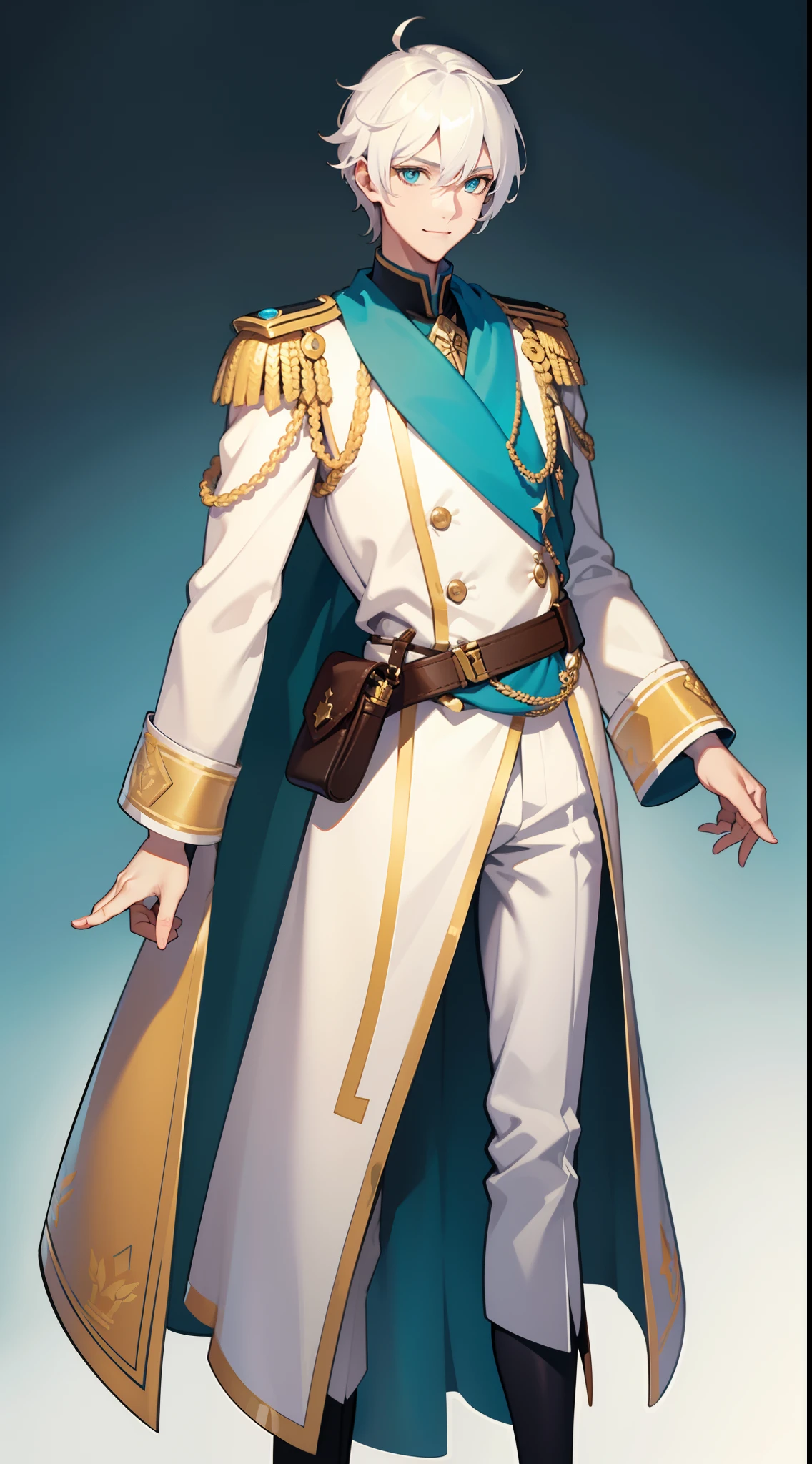 Tall guy, Stunted pigeons, Cyan eyes, ssmile, Beautiful white soldier's uniform, Gold Elements, Two magic pistols, hiquality, 4k, HD, Good detail