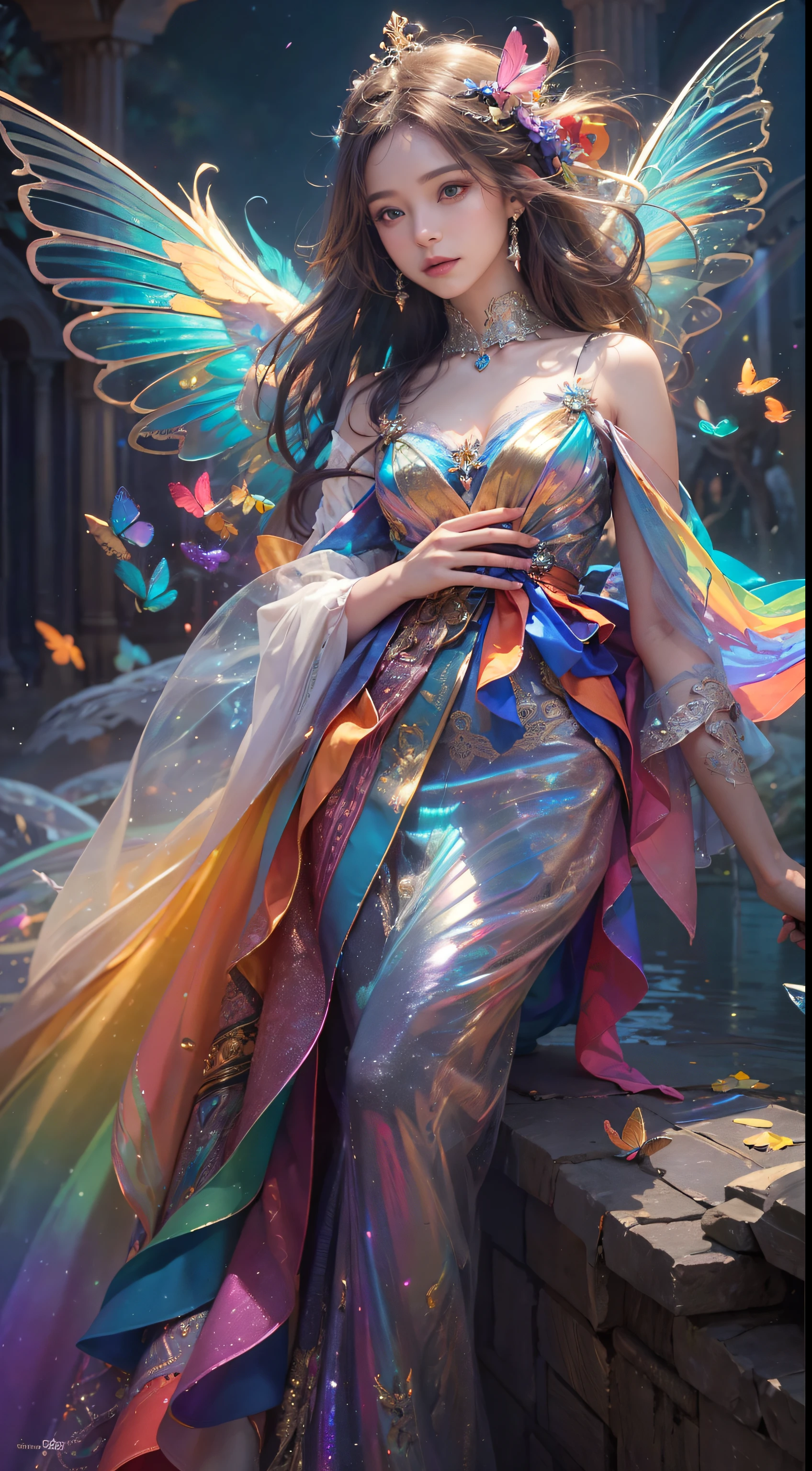 (((masterpiece))), (((best quality))), ((ultra-detailed)),(highly detailed CG illustration), ((an extremely delicate and beautiful)),cinematic light, Create a stunning fantasy artwork that mimics the style of currently trending masters of the genre. The art piece should contain elements of both mythic fantasy and fairytale fantasy with dreamy rainbow accents. ((Utilize the rainbow as the main color scheme.)) The character in the artwork is a delicate but strong petite figure with an aura of mystery and magic and (beautiful translucent rainbow wings). Pay close attention to intricate facial features, such as mesmerizing eyes with vibrant colors and bold shading. The character's clothing should be designed with gossamer feathers, silk, stunning embroidery, and subtle iridescent details. Incorporate (((translucent rainbows))), dreamy colors, dynamic lighting, and detailed background elements to create a sense of awe and immersion. Include colorful flying magical birds and jewel-toned rainbow butterflies radiating a magical aura. Consider the latest trends in fantasy art, such as incorporating unique lighting effects, exploring dynamic and compelling composition techniques, and experimenting with unique color palettes. Take inspiration from the top artists on ArtStation and Midjourney. Camera: Choose an angle that highlights the character's beauty and enhances the magical majesty of the artwork. Lighting: Utilize atmospheric lighting techniques to create depth and mood. Resolution: Aim for a high-resolution artwork to showcase intricate details and clarity. Art Inspirations: Seek inspiration from the trending artists on ArtStation, exploring different styles, genres, and themes,(8K, RAW photo, highest quality),Realistic,facade,Intricate detail,Extremely detailed eyes and eyelashes,Portrait,Close-up,, digital SLR camera, super quality, Fujifilm realistic, vivid details, surreal, beautiful wallpapers, 8k, best quality, masterpiece, extremely detailed, pc graphics, unity,