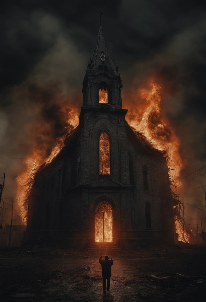 Ultrarealistic gigantic demon behind a church on fire