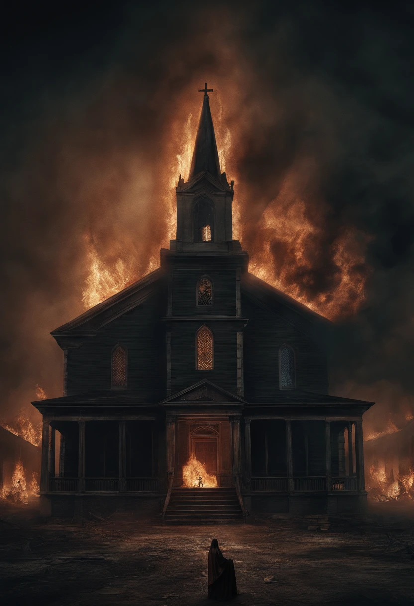 Ultrarealistic gigantic demon behind a church on fire